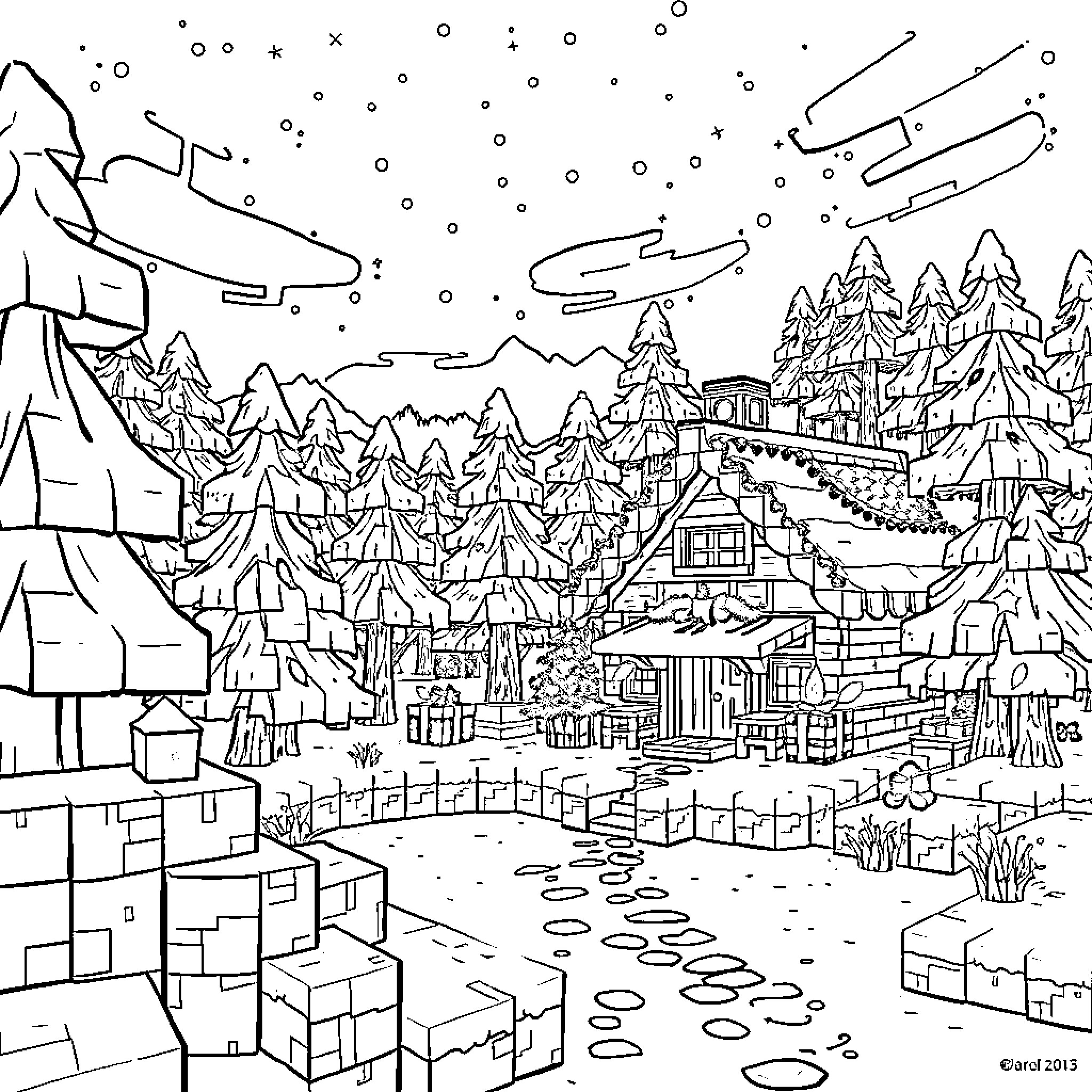 Minecraft Winter Wonderland: Snowy Landscape and Cozy Village Coloring Page (free black-and-white line drawing printable PDF for all, from beginners to advanced learners, including children, teens, adults, and seniors)