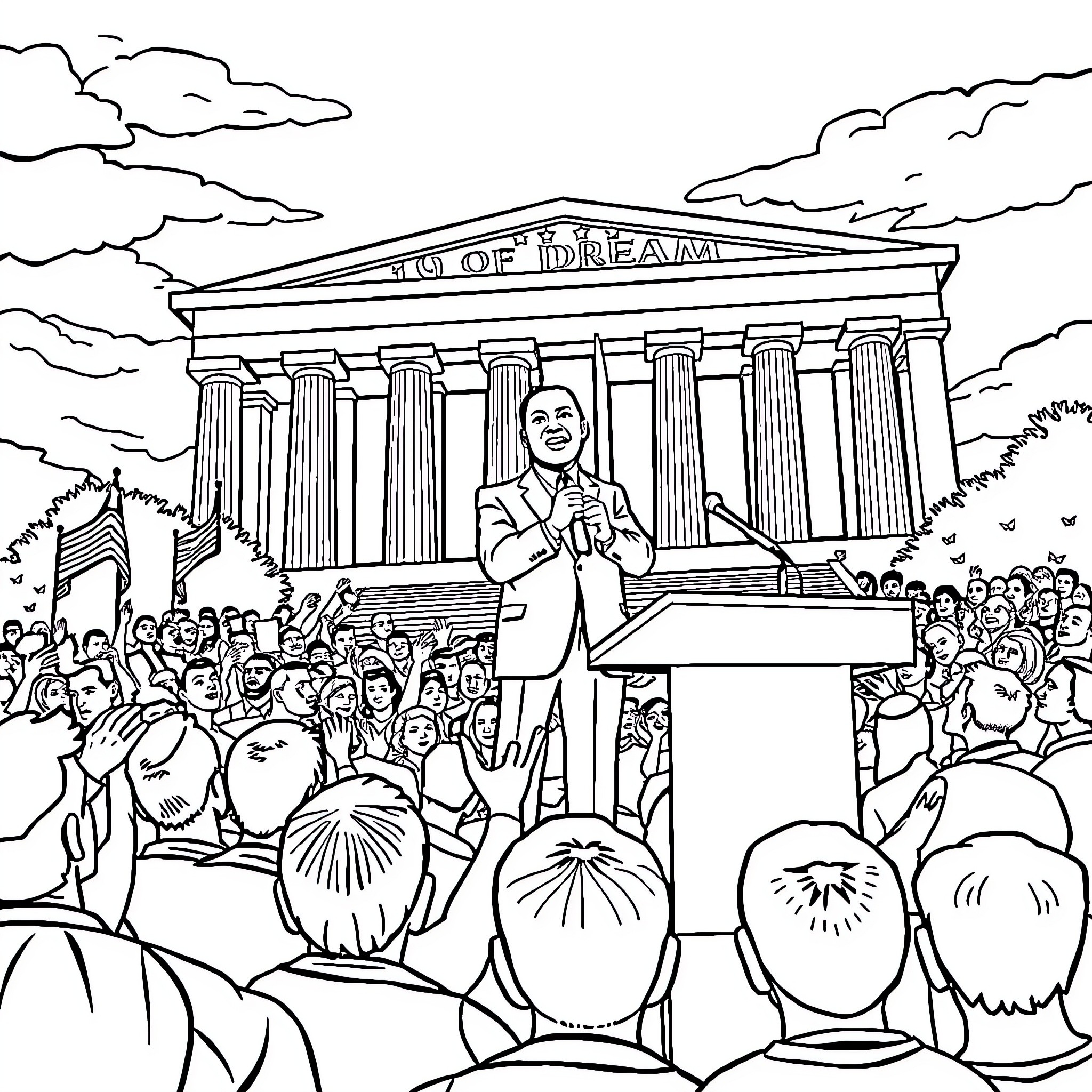 Martin Luther King Delivering Speech to Crowd Before Memorial Coloring Page (free black-and-white line drawing printable PDF for all, from beginners to advanced learners, including children, teens, adults, and seniors)