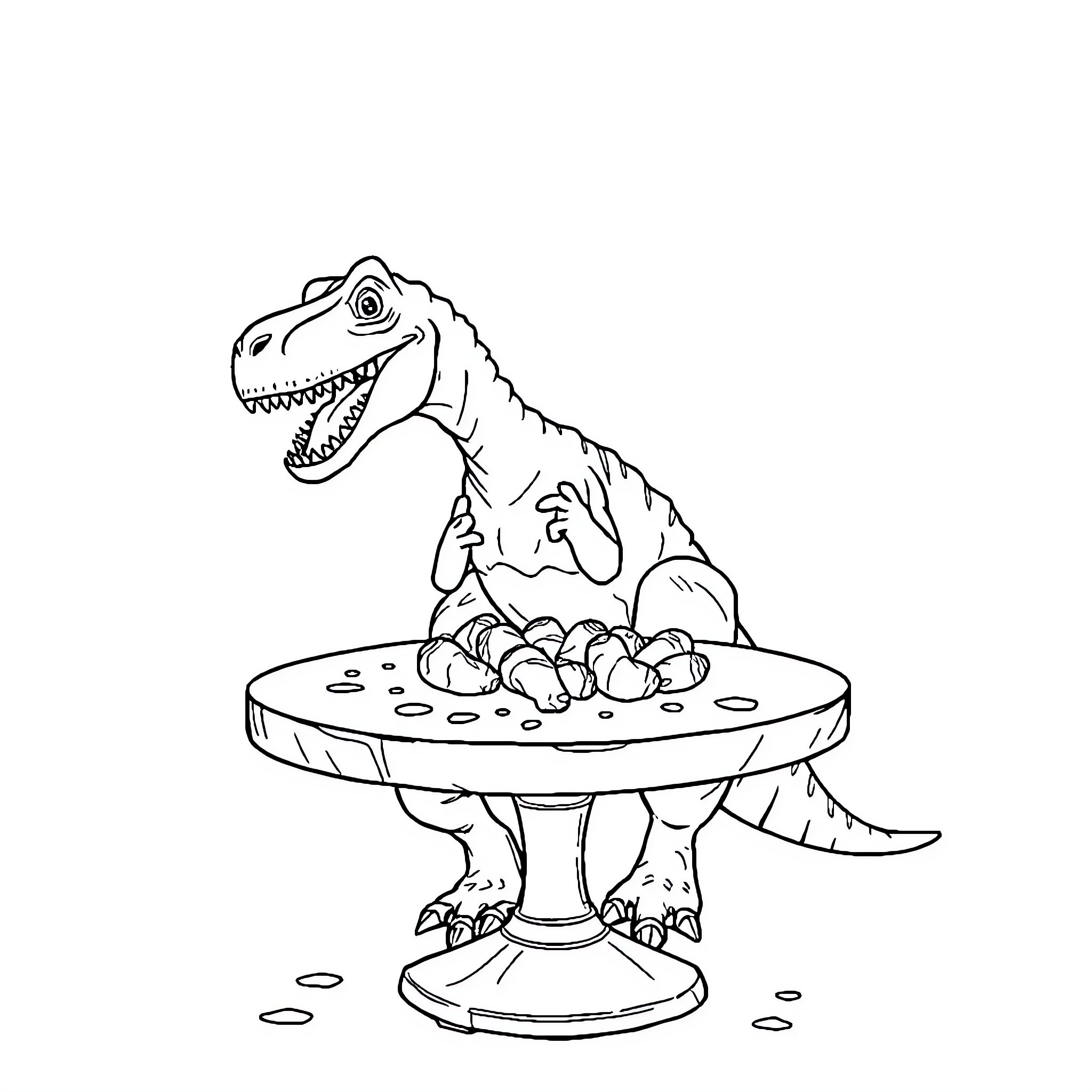 Velociraptor enjoying a tasty meal on a pedestal Coloring Page (free black-and-white line drawing printable PDF for all, from beginners to advanced learners, including children, teens, adults, and seniors)