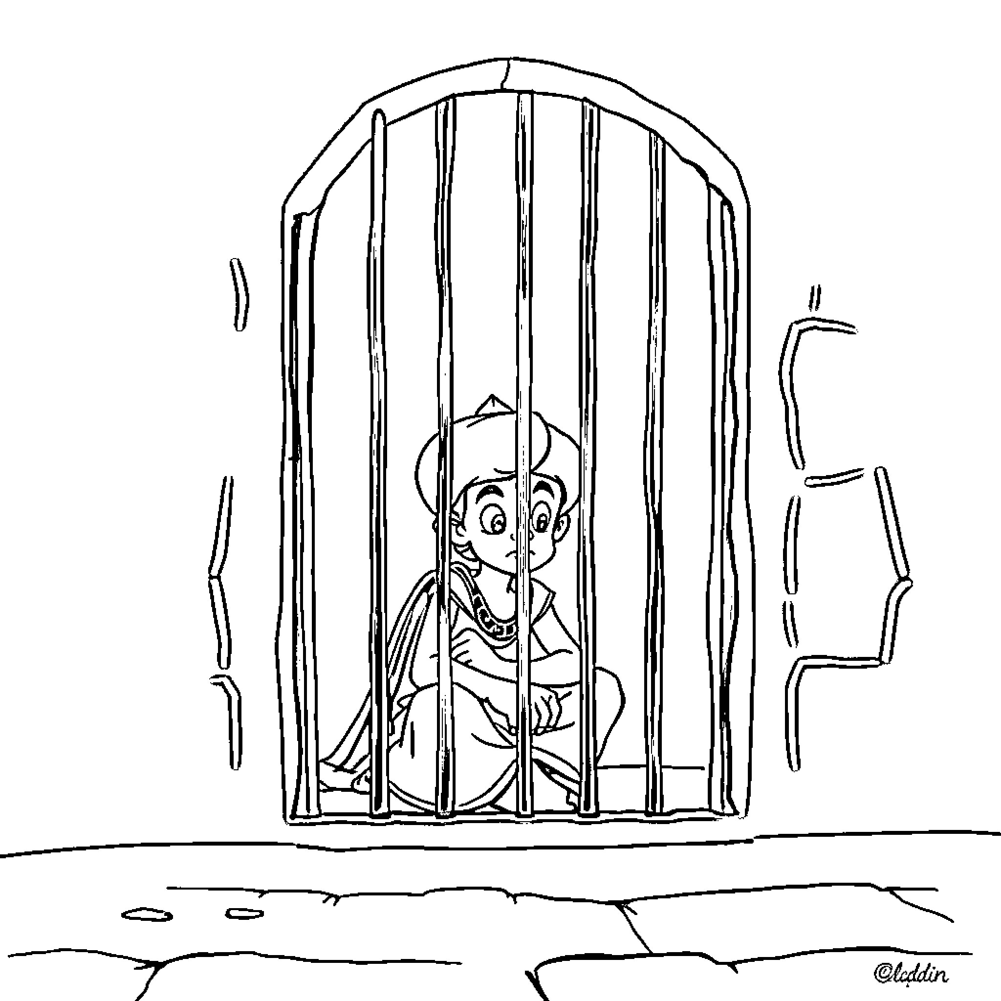 Aladdin trapped behind bars with a mischievous expression Coloring Page (free black-and-white line drawing printable PDF for all, from beginners to advanced learners, including children, teens, adults, and seniors)
