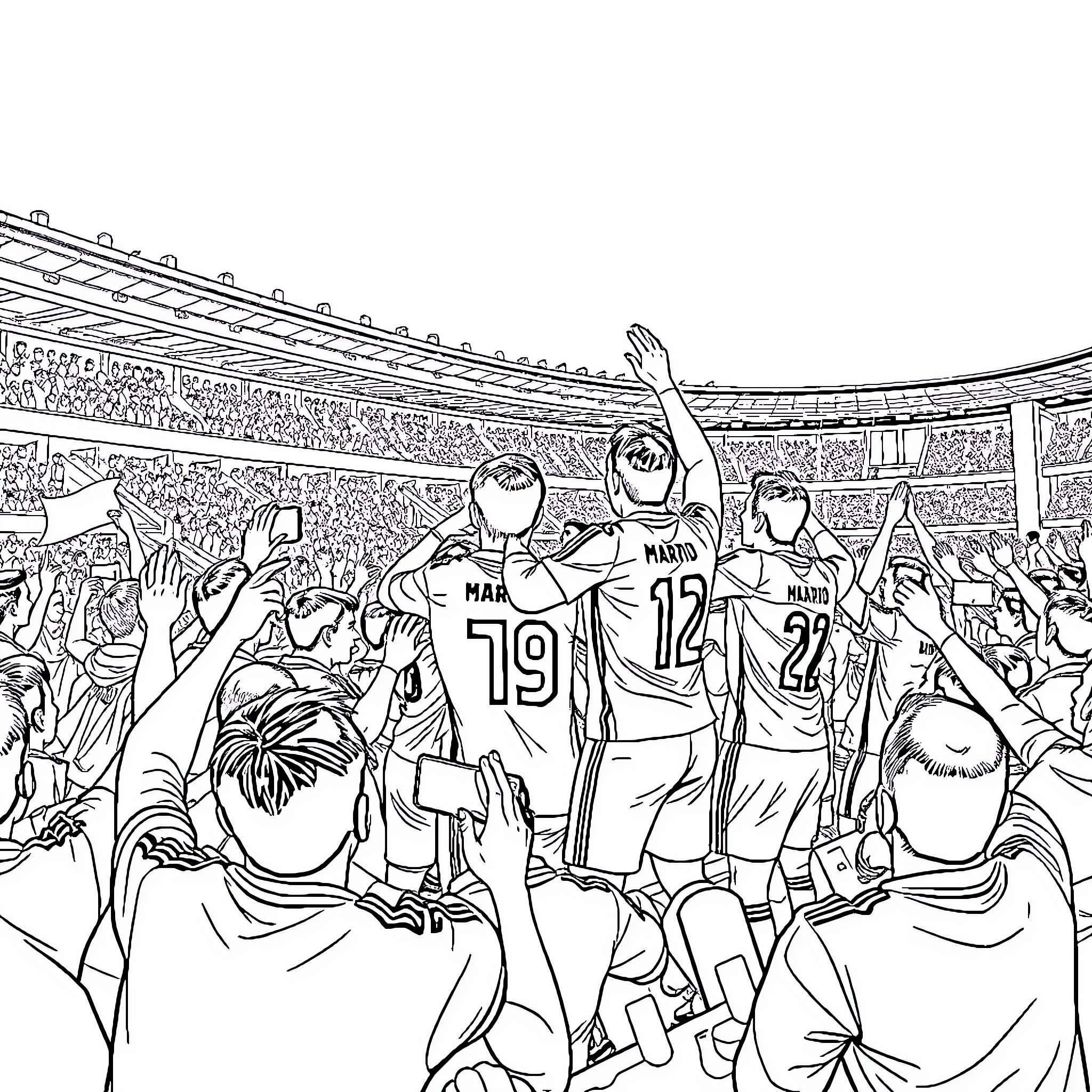 Real Madrid players celebrating on the field with fans Coloring Page (free black-and-white line drawing printable PDF for all, from beginners to advanced learners, including children, teens, adults, and seniors)