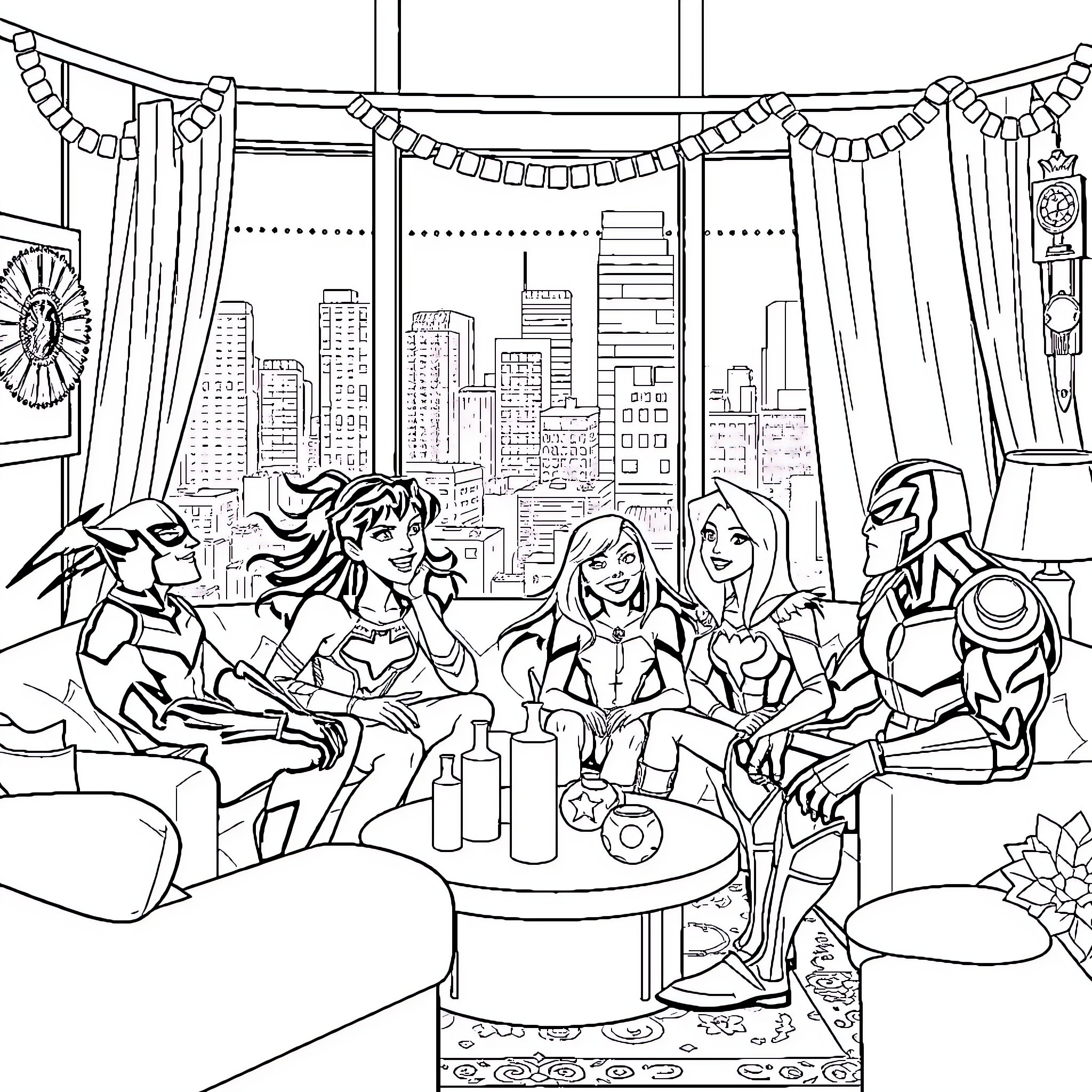 Teen Titans Characters Gather for a Meeting Coloring Page (free black-and-white line drawing printable PDF for all, from beginners to advanced learners, including children, teens, adults, and seniors)