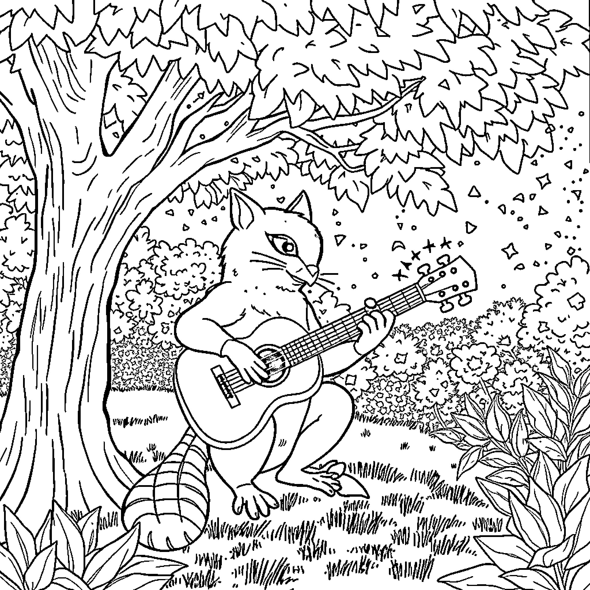 Chameleon playing guitar in enchanting forest Coloring Page (free black-and-white line drawing printable PDF for all, from beginners to advanced learners, including children, teens, adults, and seniors)
