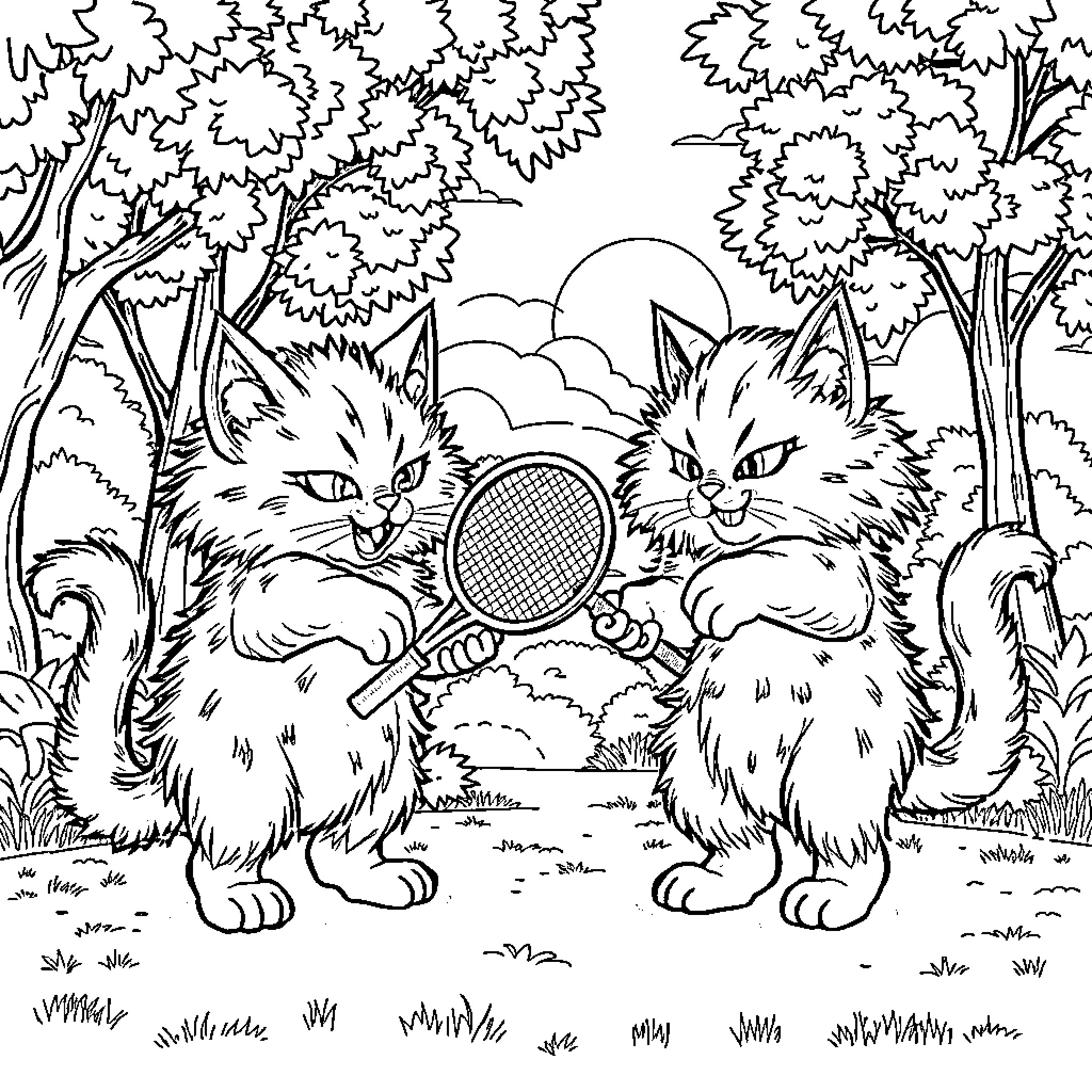 Kitty Playtime in the Forest Coloring Page (free black-and-white line drawing printable PDF for all, from beginners to advanced learners, including children, teens, adults, and seniors)