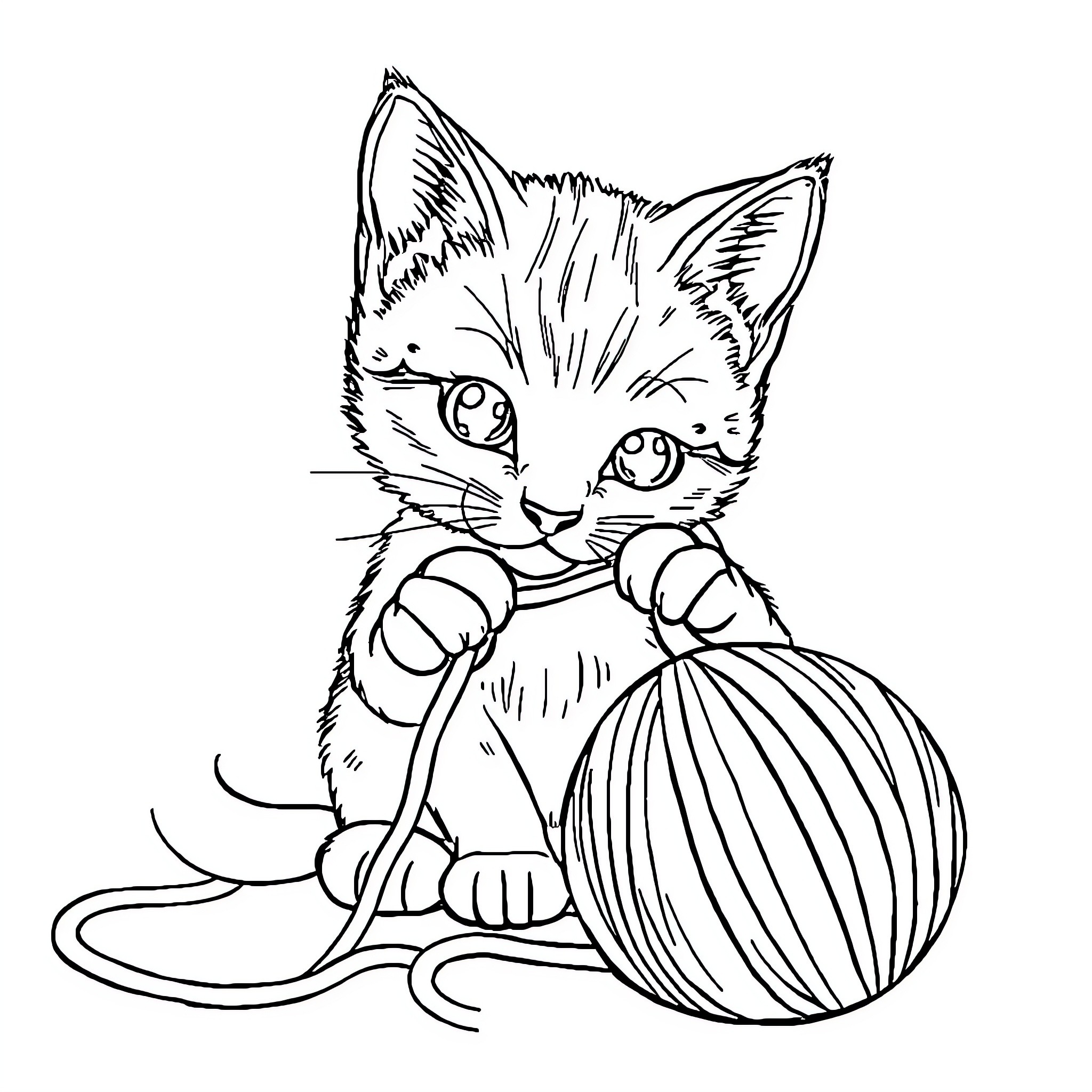 Cat playing with yarn ball Coloring Page (free black-and-white line drawing printable PDF for all, from beginners to advanced learners, including children, teens, adults, and seniors)