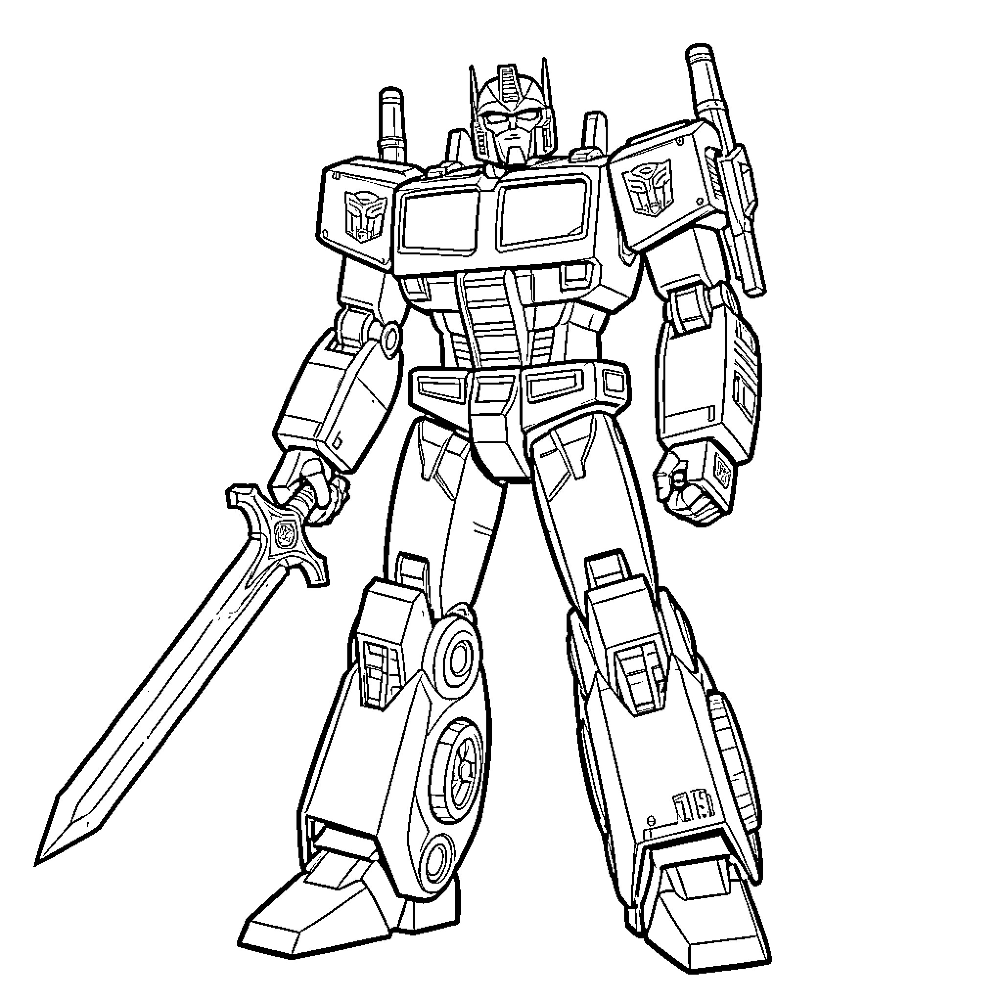 Optimus Prime standing with battle gear Coloring Page (free black-and-white line drawing printable PDF for all, from beginners to advanced learners, including children, teens, adults, and seniors)