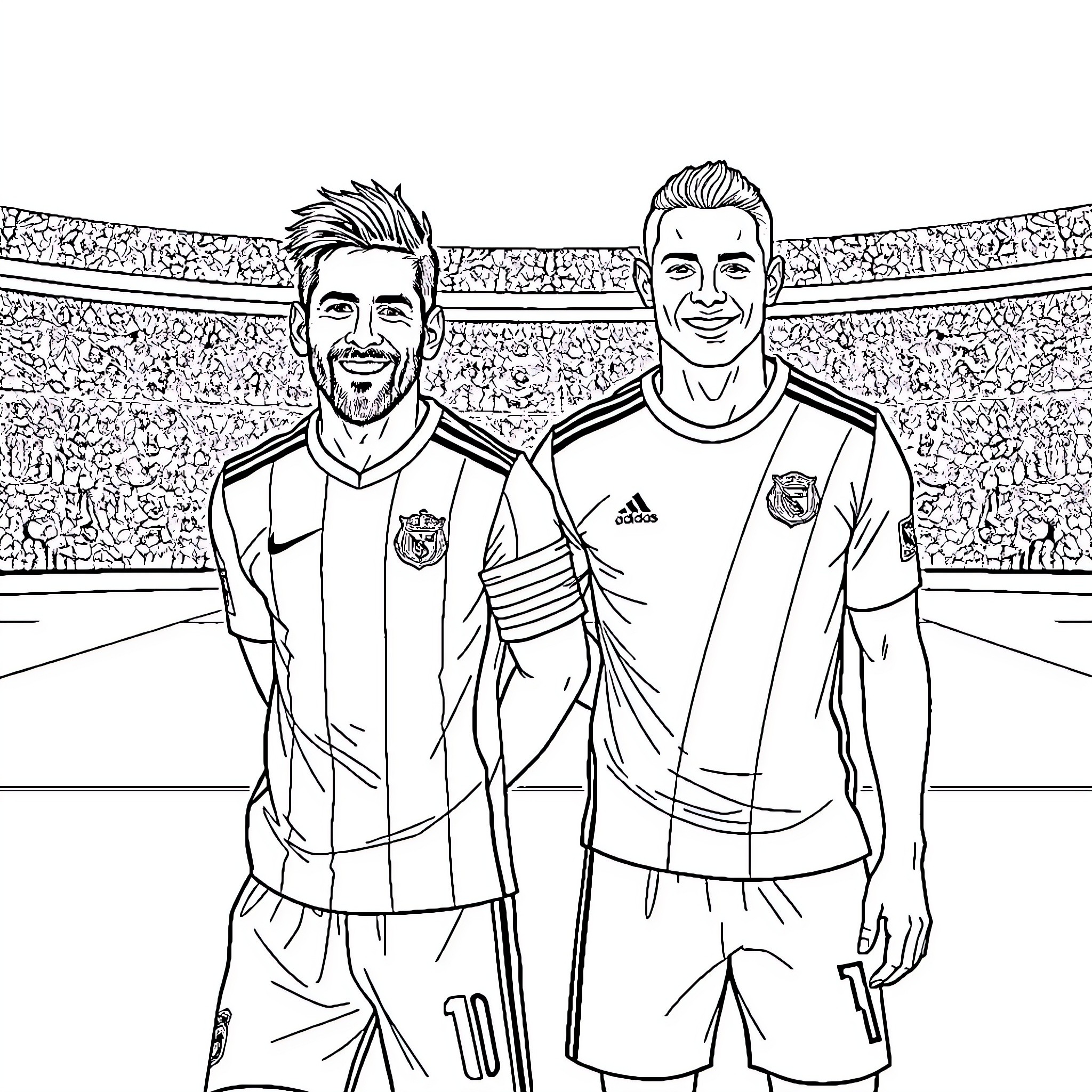 Leonel Messi and teammates posing in stadium Coloring Page (free black-and-white line drawing printable PDF for all, from beginners to advanced learners, including children, teens, adults, and seniors)