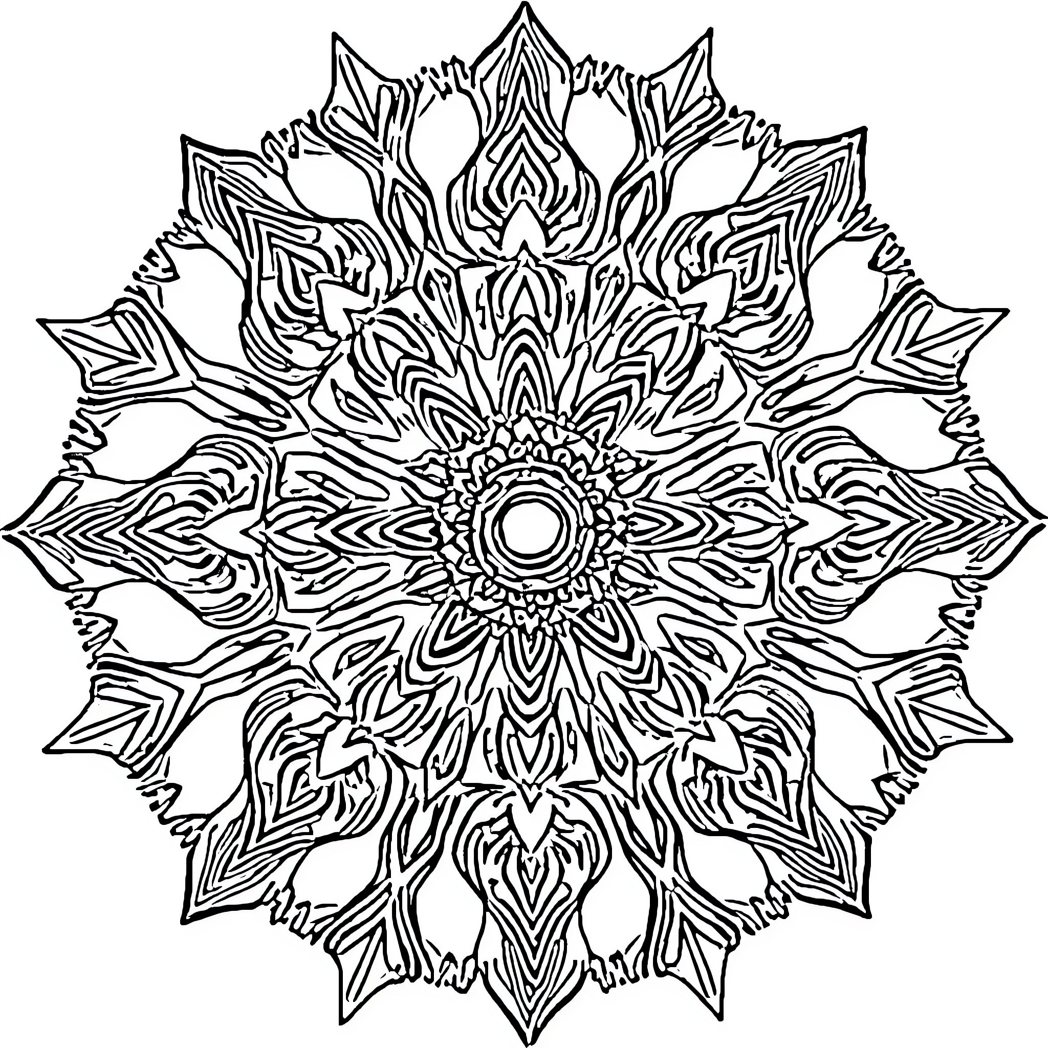 Sun Shines on Intricate Mandala Design Coloring Page (free black-and-white line drawing printable PDF for all, from beginners to advanced learners, including children, teens, adults, and seniors)