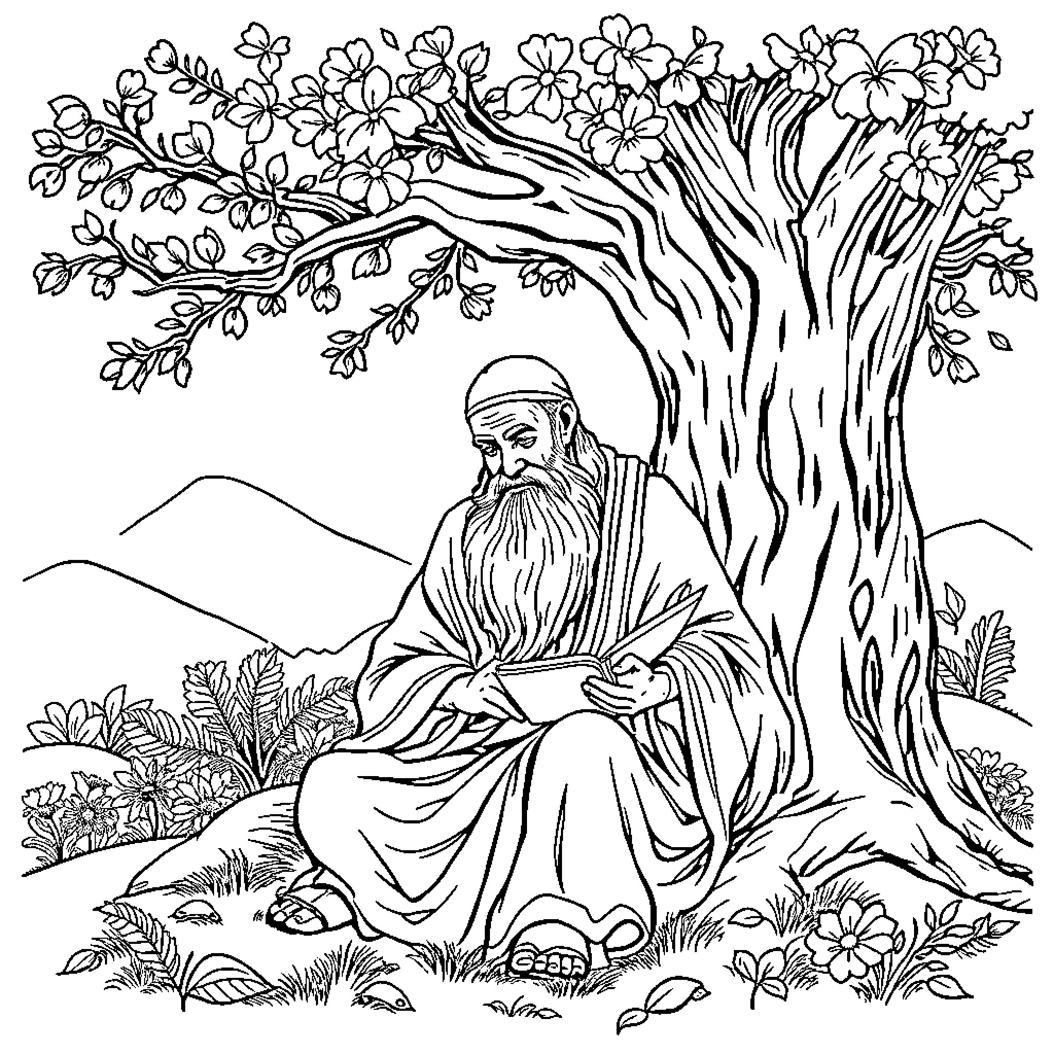 Rumi in contemplation amidst nature's beauty Coloring Page (free black-and-white line drawing printable PDF for all, from beginners to advanced learners, including children, teens, adults, and seniors)