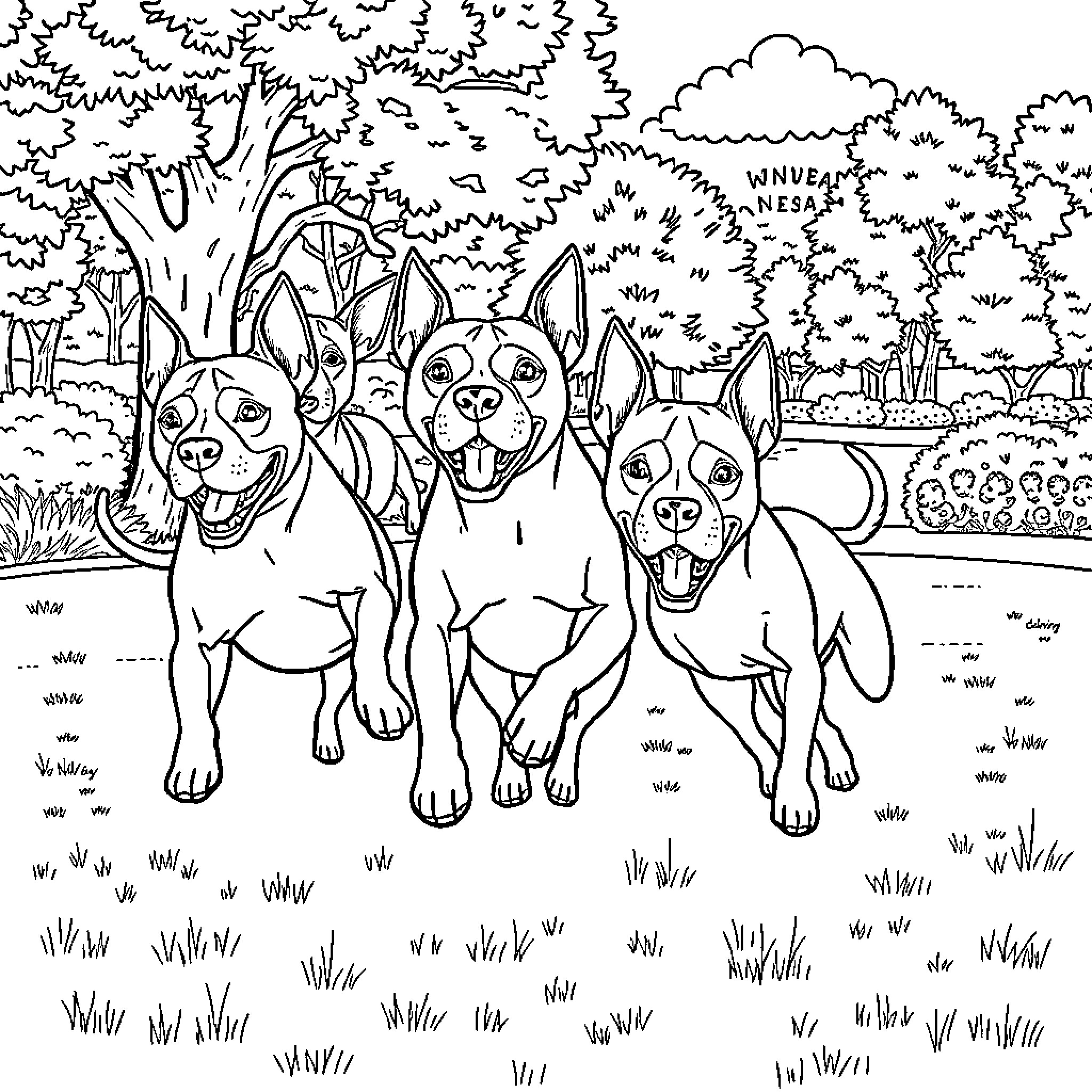 Pitbull dogs playing joyfully in the park Coloring Page (free black-and-white line drawing printable PDF for all, from beginners to advanced learners, including children, teens, adults, and seniors)
