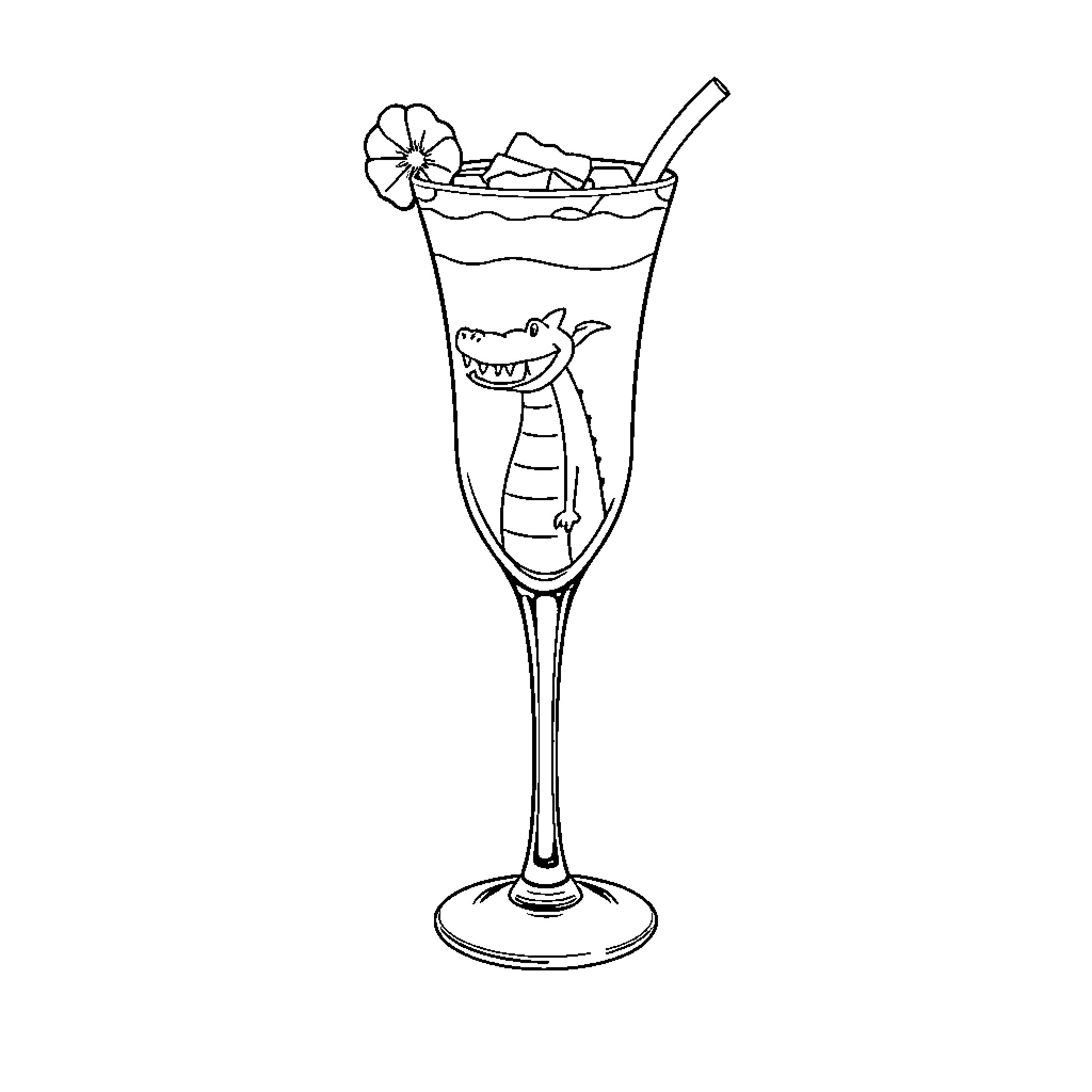 Cocodrilo enjoys a refreshing summer drink Coloring Page (free black-and-white line drawing printable PDF for all, from beginners to advanced learners, including children, teens, adults, and seniors)