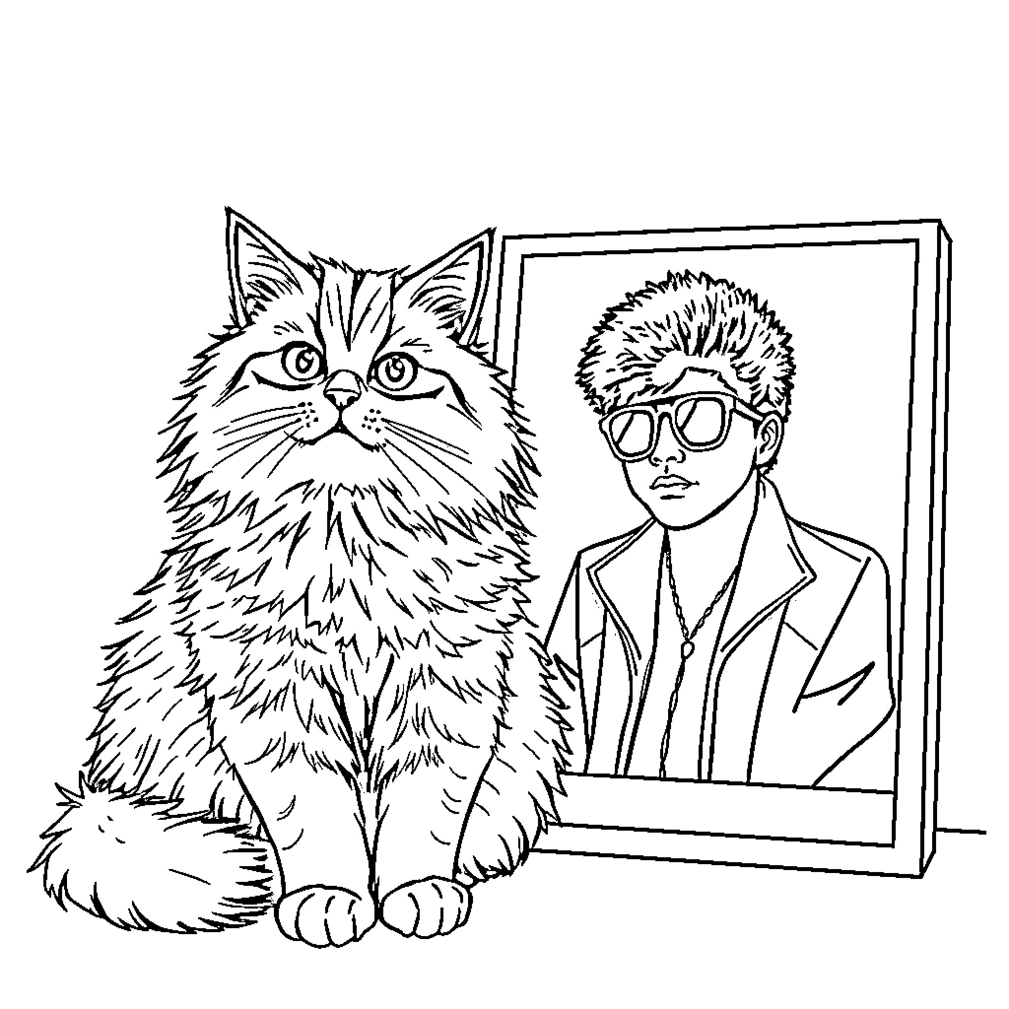 Bruno Mars posing with his beloved feline companion Coloring Page (free black-and-white line drawing printable PDF for all, from beginners to advanced learners, including children, teens, adults, and seniors)