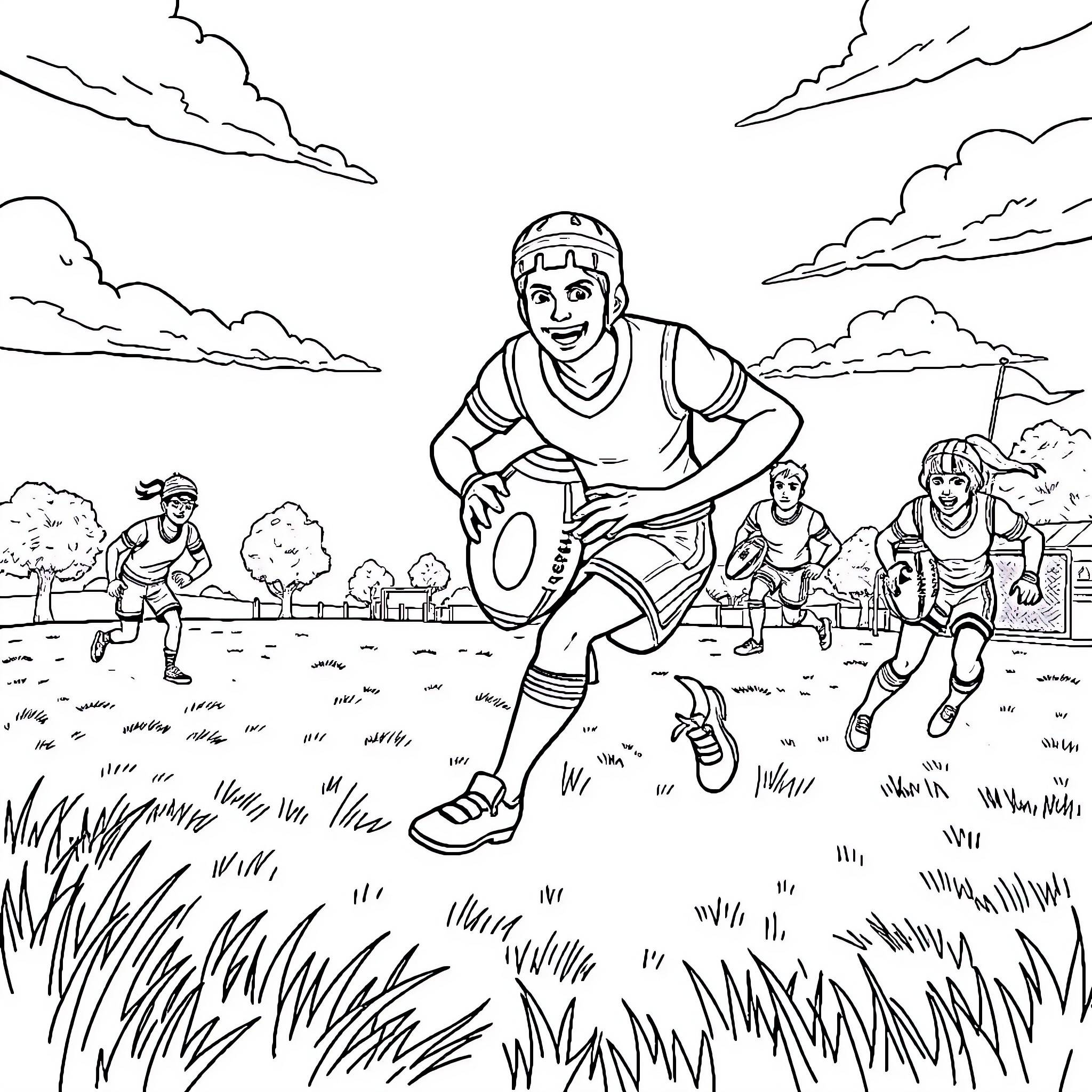 Fortnite Character Playing Rugby on the Field Coloring Page (free black-and-white line drawing printable PDF for all, from beginners to advanced learners, including children, teens, adults, and seniors)