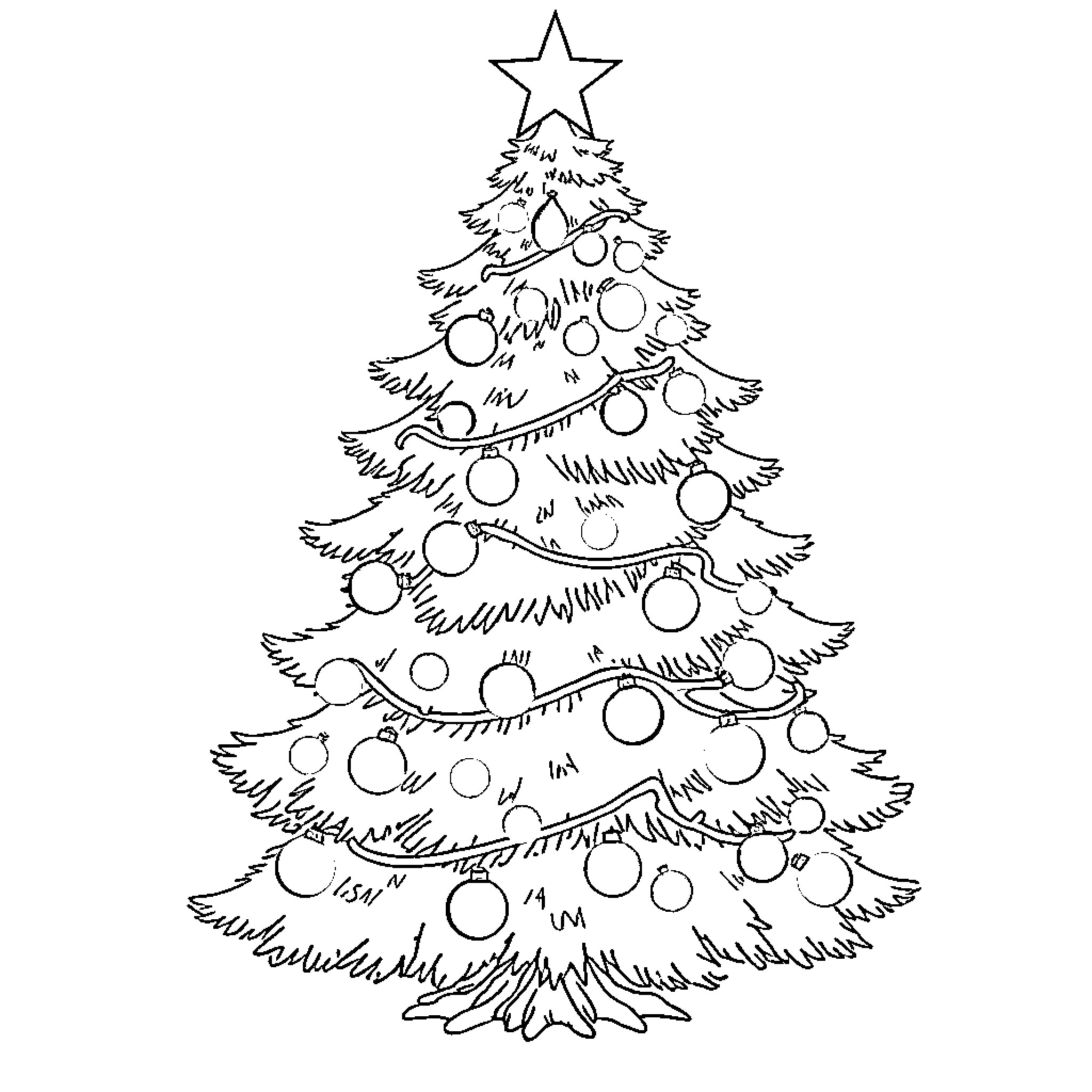 Christmas Tree with Ornaments and Decorations Coloring Page (free black-and-white line drawing printable PDF for all, from beginners to advanced learners, including children, teens, adults, and seniors)