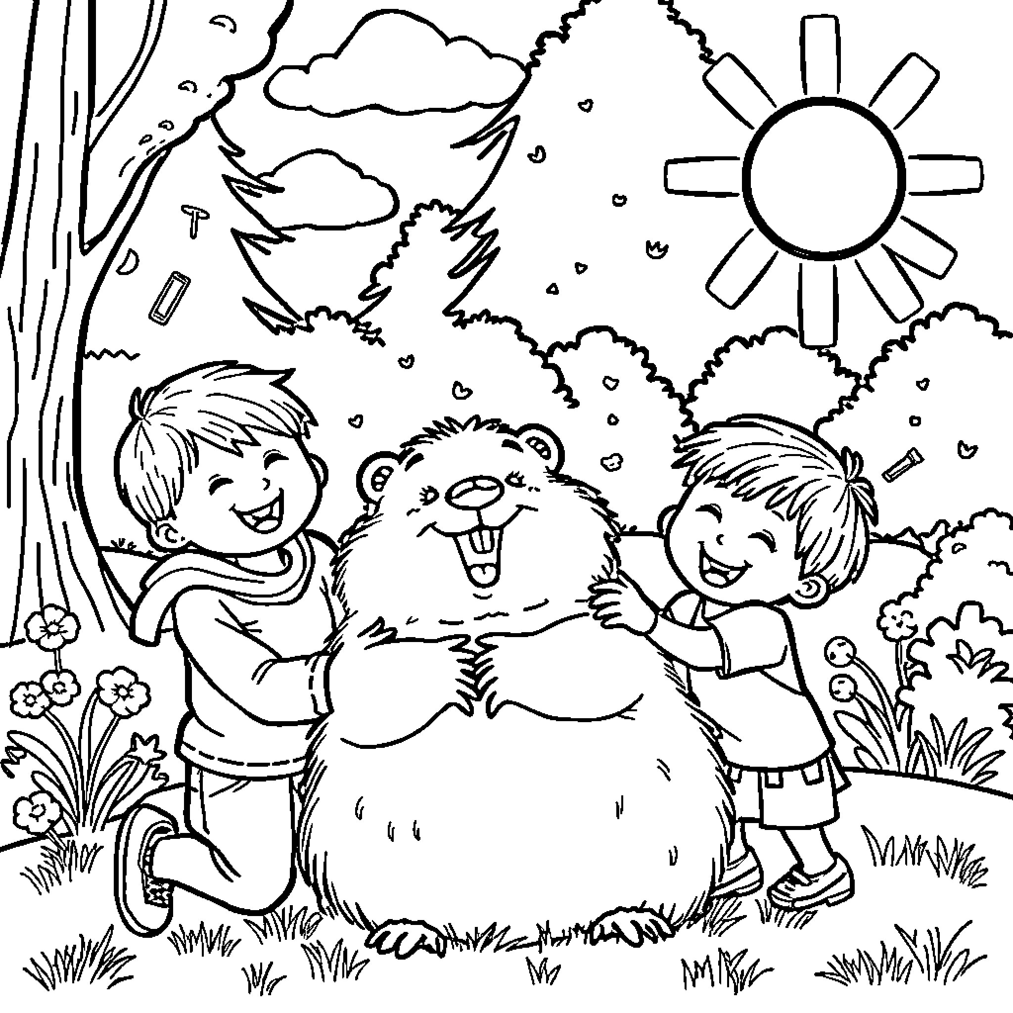 Groundhog Day Celebration with Children Coloring Page (free black-and-white line drawing printable PDF for all, from beginners to advanced learners, including children, teens, adults, and seniors)