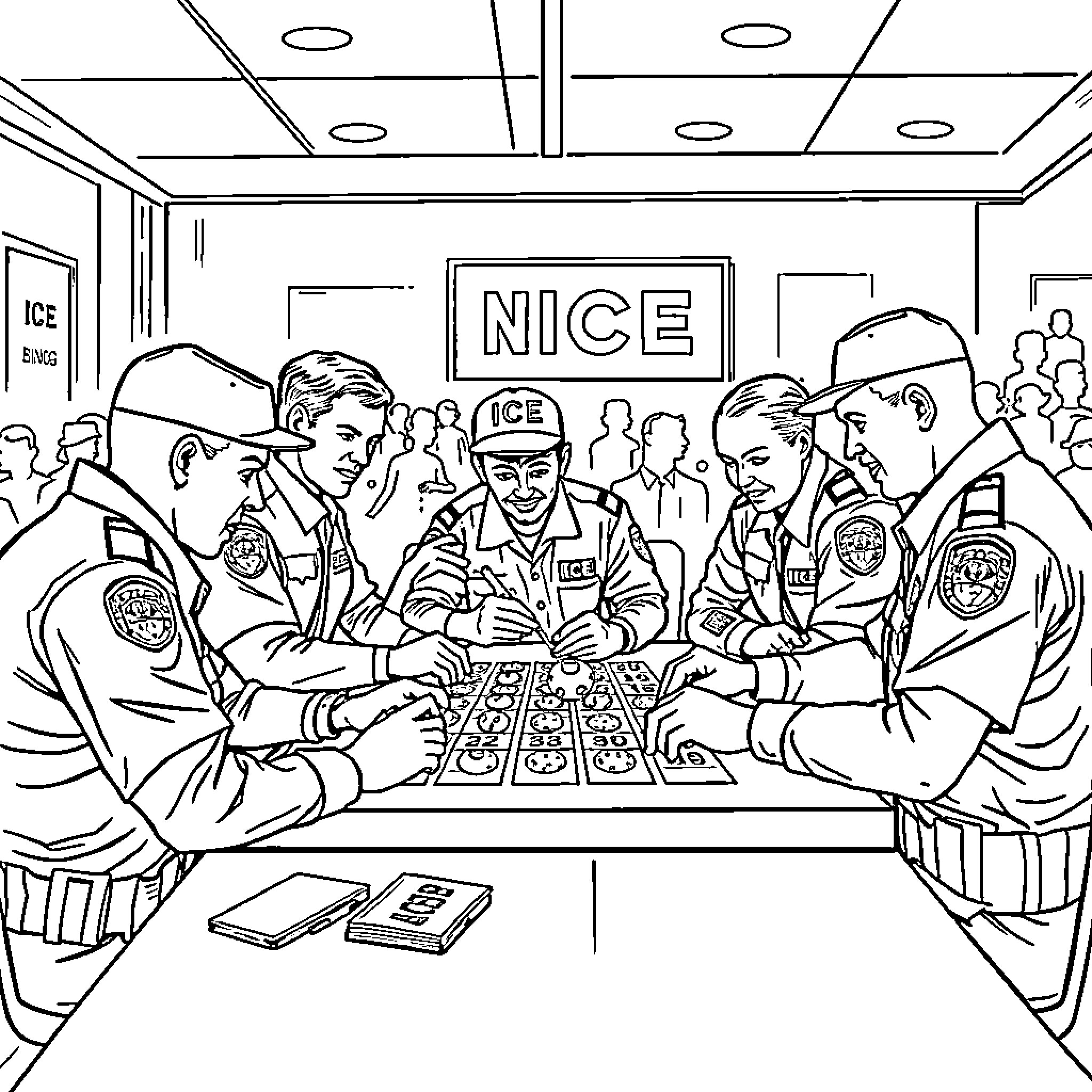 Ice Agents Strategizing in the NICE Command Center Coloring Page (free black-and-white line drawing printable PDF for all, from beginners to advanced learners, including children, teens, adults, and seniors)