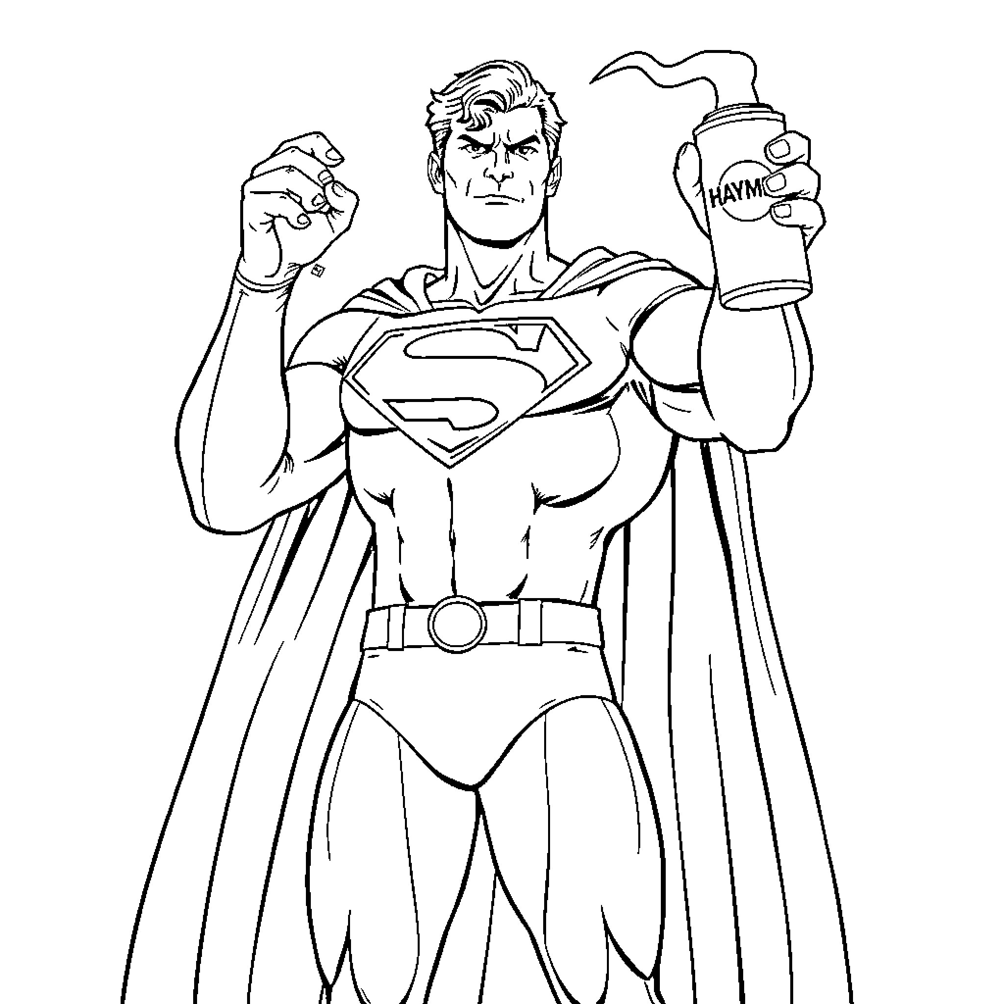 Superman saving the day with a can of Hayne Coloring Page (free black-and-white line drawing printable PDF for all, from beginners to advanced learners, including children, teens, adults, and seniors)