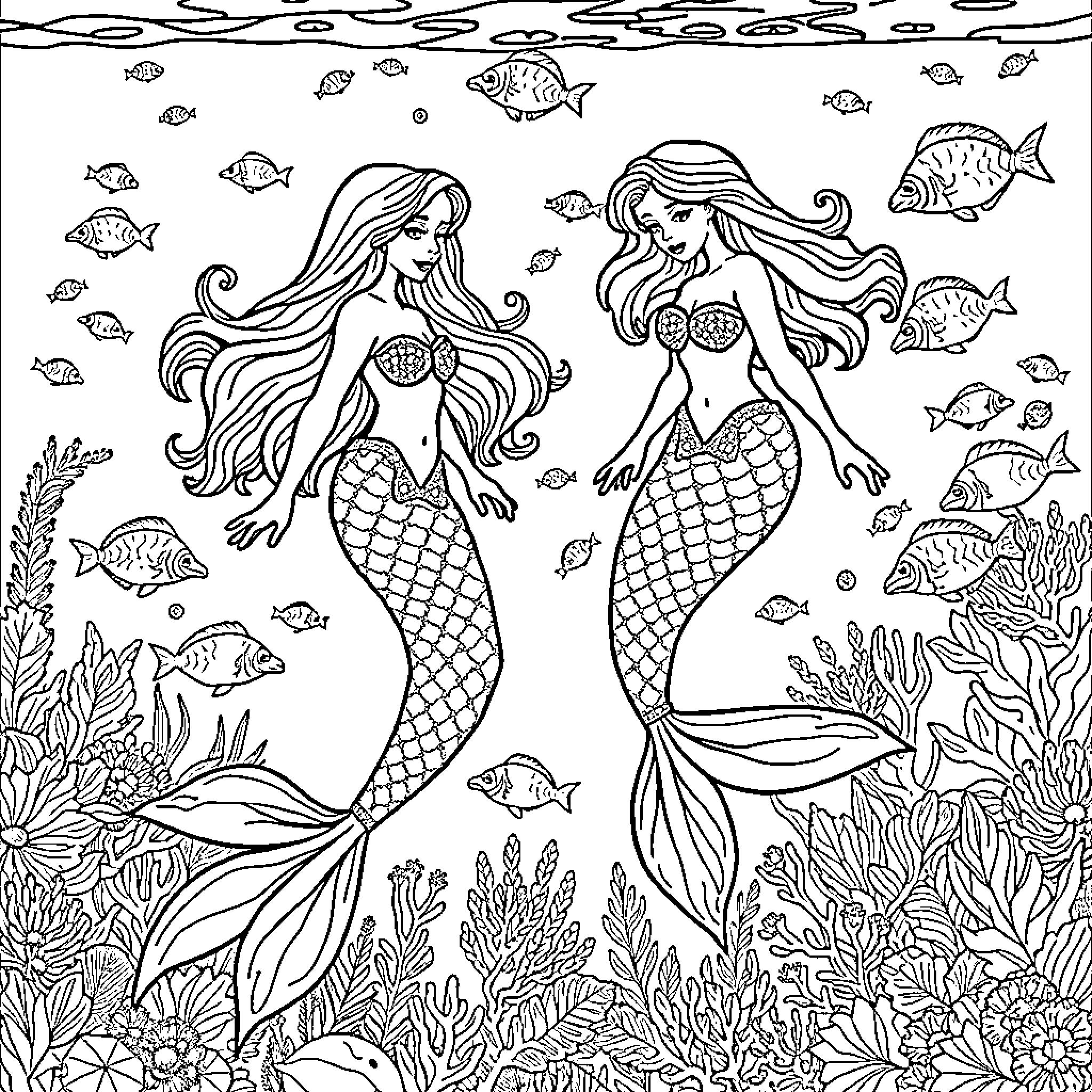 Mermaid friends swimming among marine life Coloring Page (free black-and-white line drawing printable PDF for all, from beginners to advanced learners, including children, teens, adults, and seniors)
