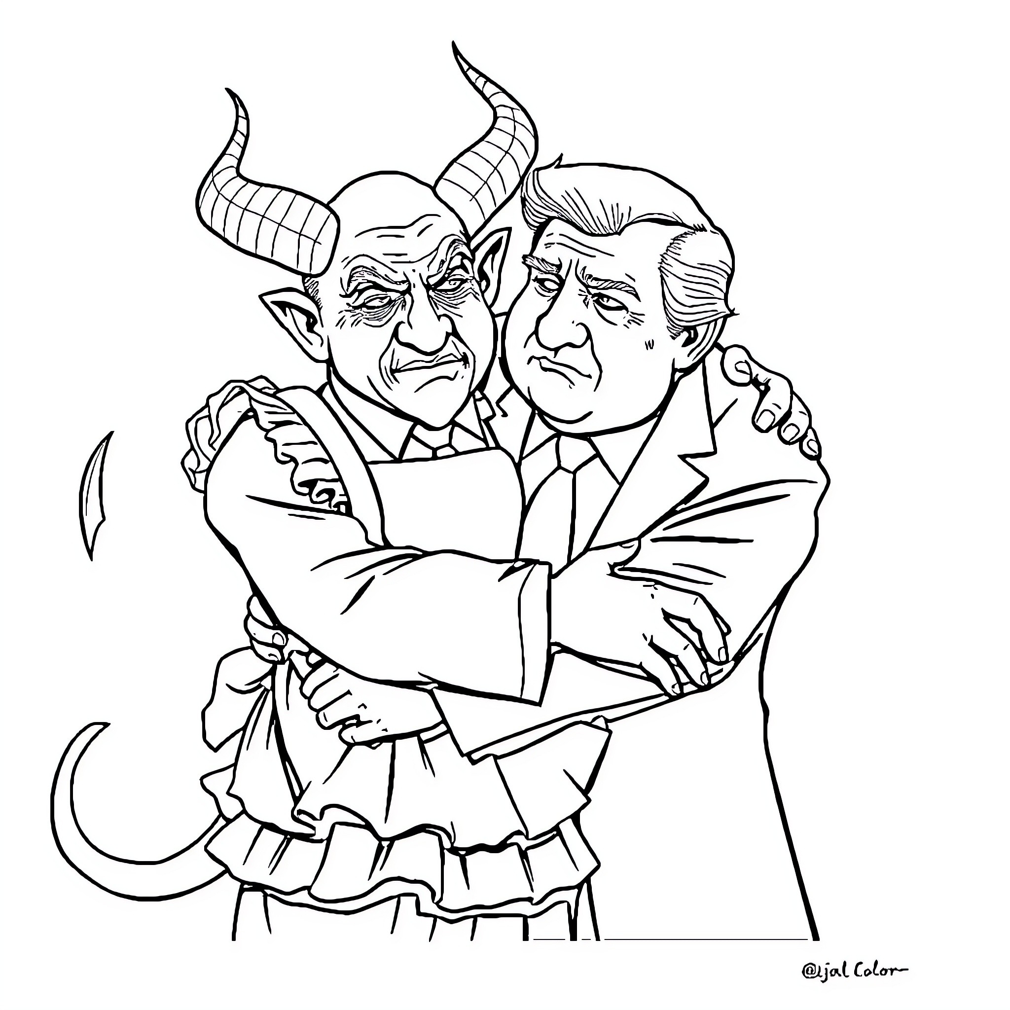 Benyamin Netanyahu and Donald Trump in Animated Caricature Coloring Page (free black-and-white line drawing printable PDF for all, from beginners to advanced learners, including children, teens, adults, and seniors)