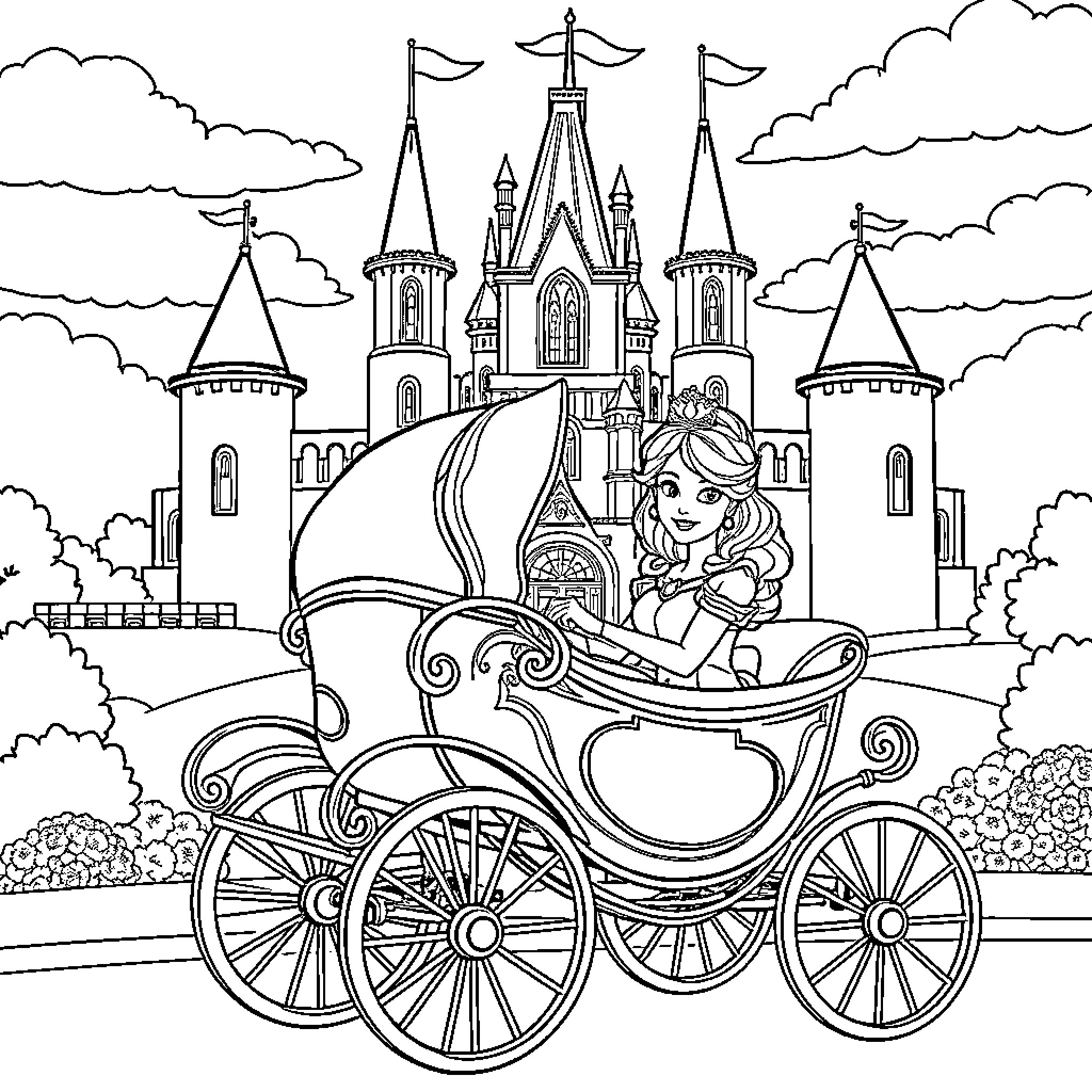 Princess Riding Carriage in Castle Garden Coloring Page (free black-and-white line drawing printable PDF for all, from beginners to advanced learners, including children, teens, adults, and seniors)