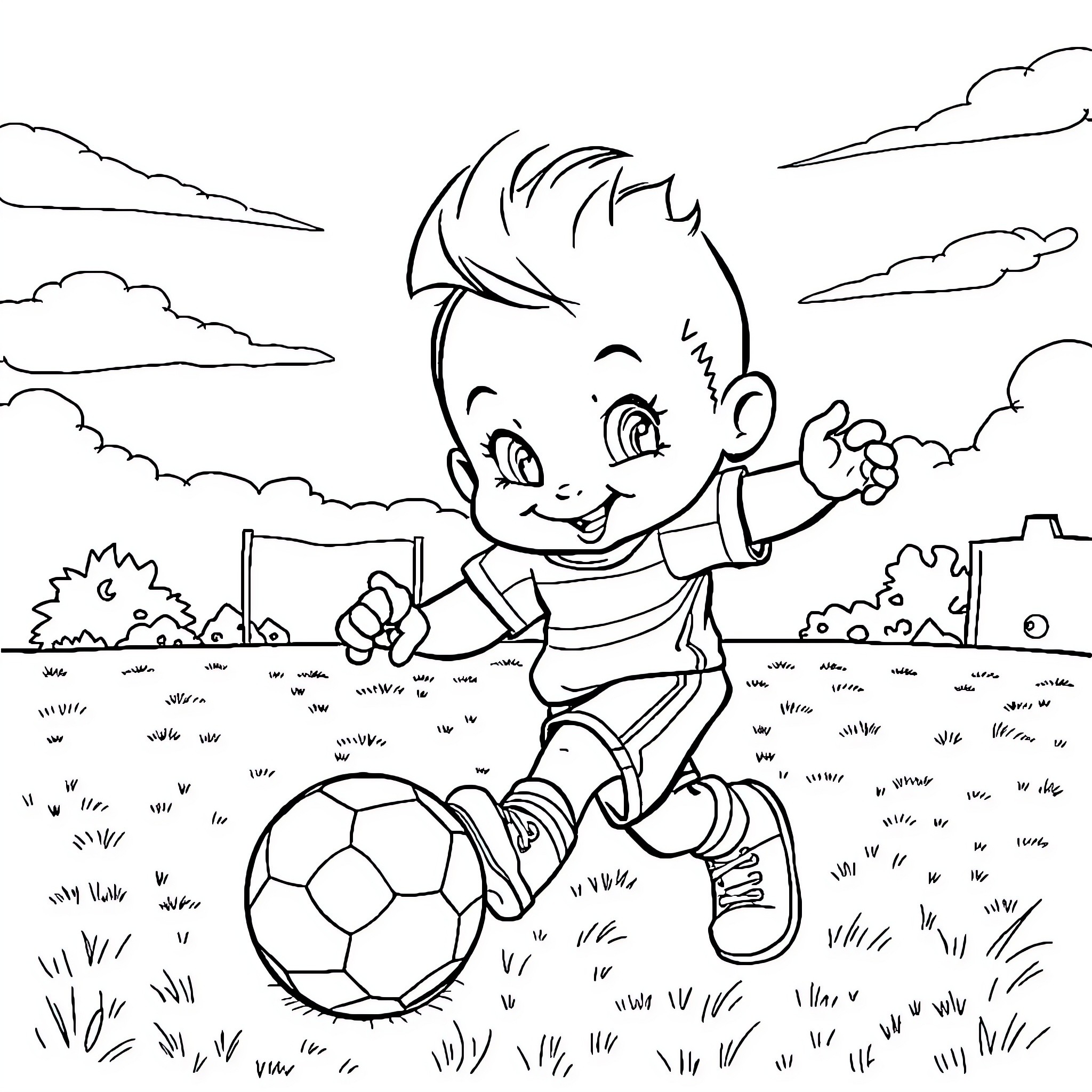 Chucky playing happily with soccer ball on the field Coloring Page (free black-and-white line drawing printable PDF for all, from beginners to advanced learners, including children, teens, adults, and seniors)