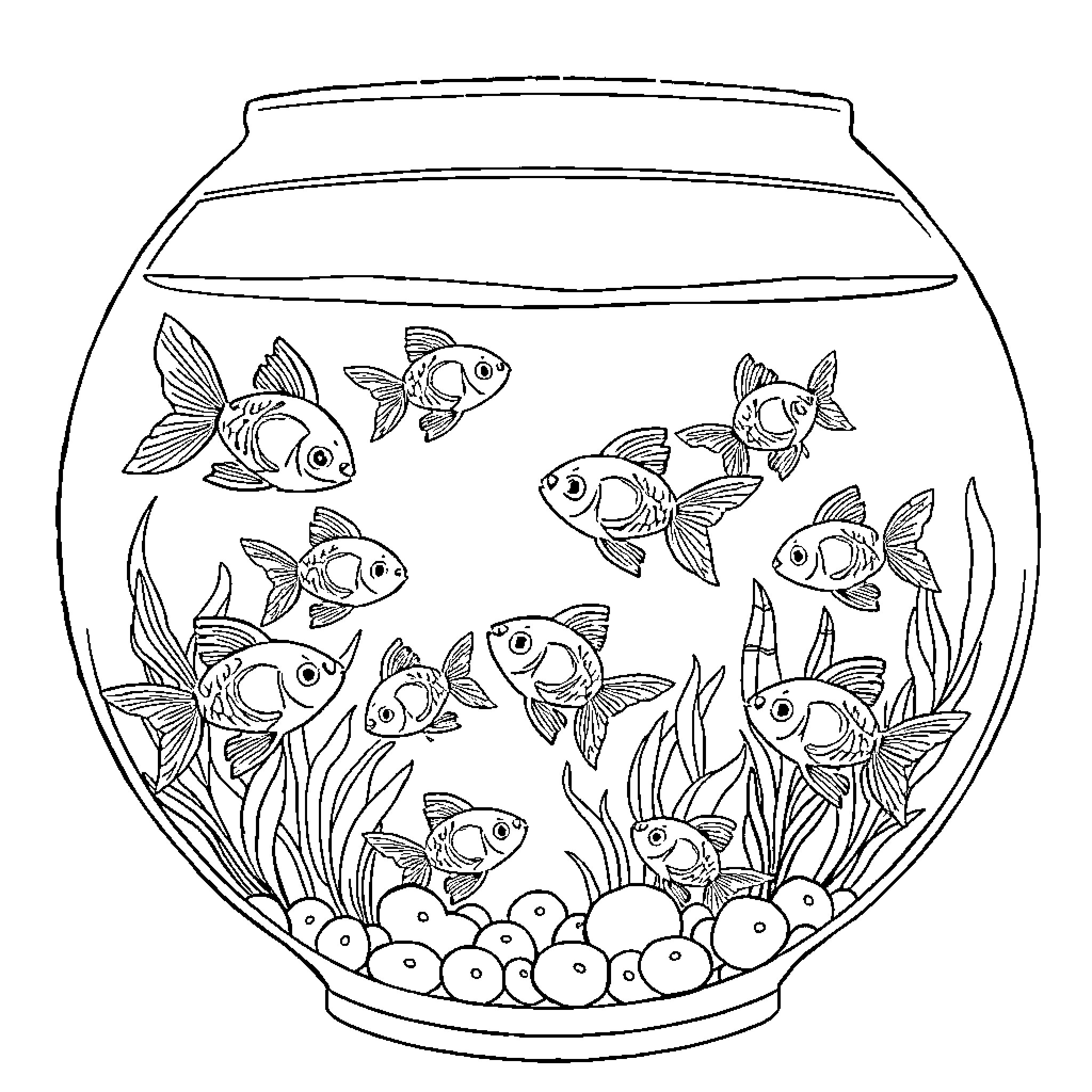 Goldfish swimming happily in an aquarium Coloring Page (free black-and-white line drawing printable PDF for all, from beginners to advanced learners, including children, teens, adults, and seniors)