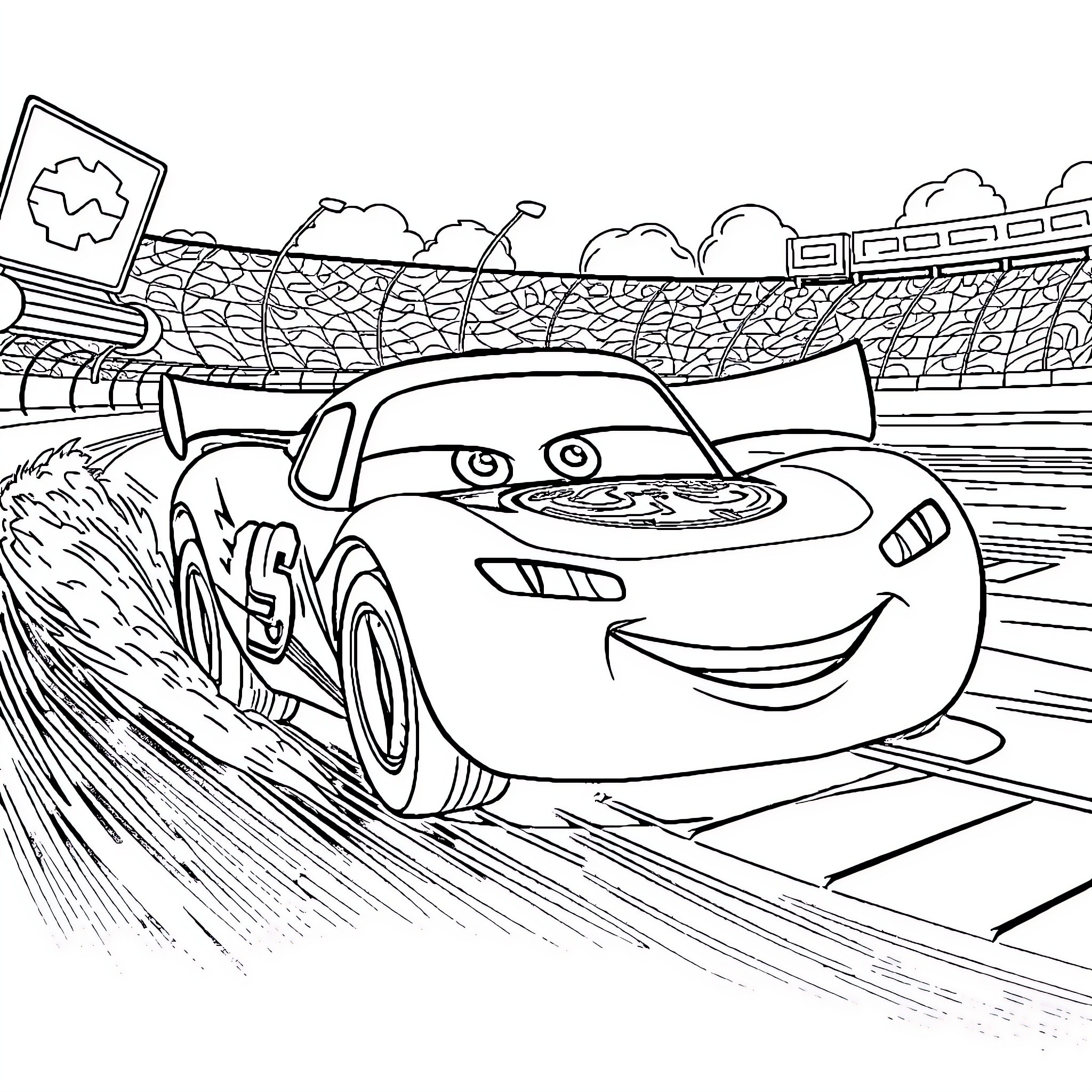 Lightning McQueen racing on the track Coloring Page (free black-and-white line drawing printable PDF for all, from beginners to advanced learners, including children, teens, adults, and seniors)