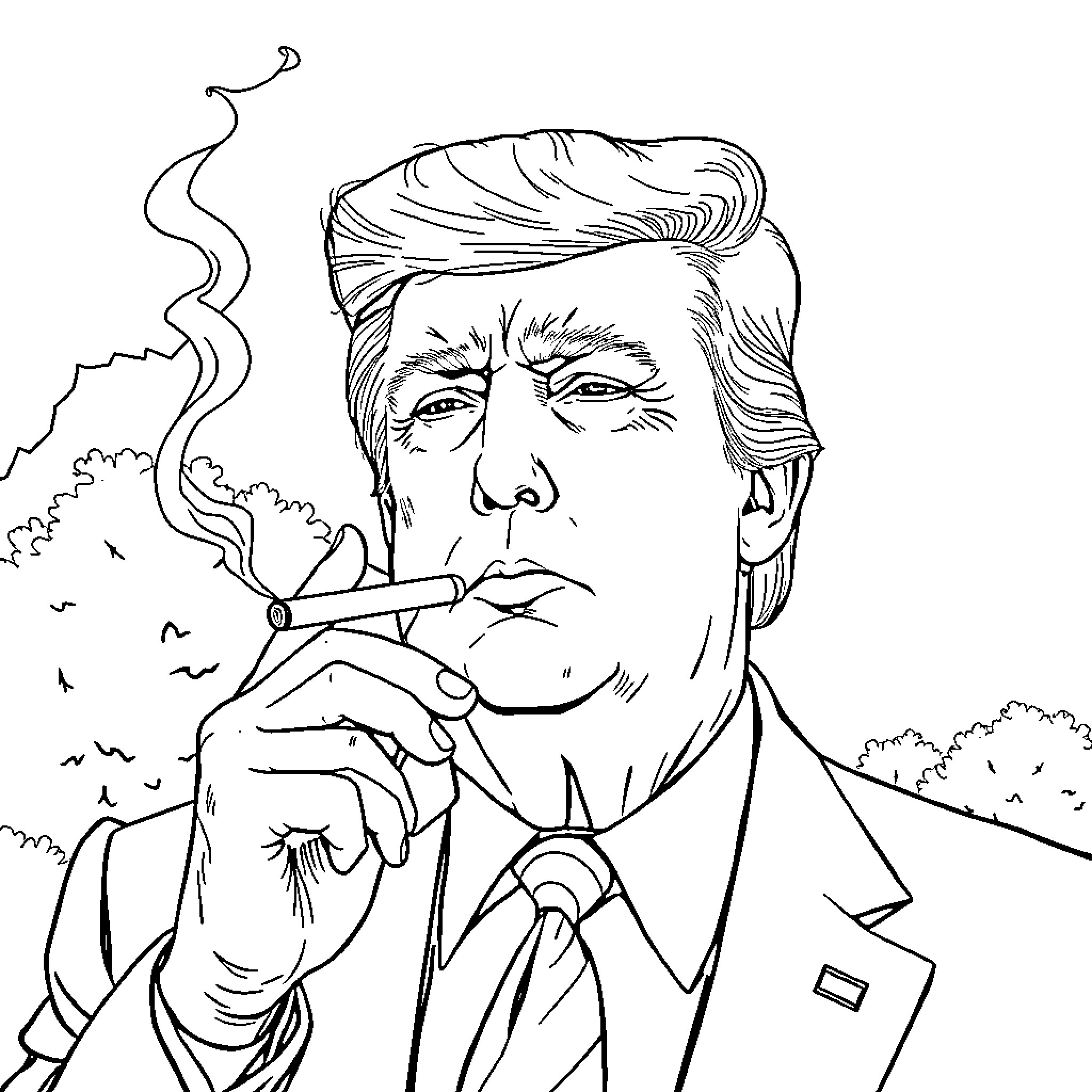 Trump smoking cigar with serious expression Coloring Page (free black-and-white line drawing printable PDF for all, from beginners to advanced learners, including children, teens, adults, and seniors)