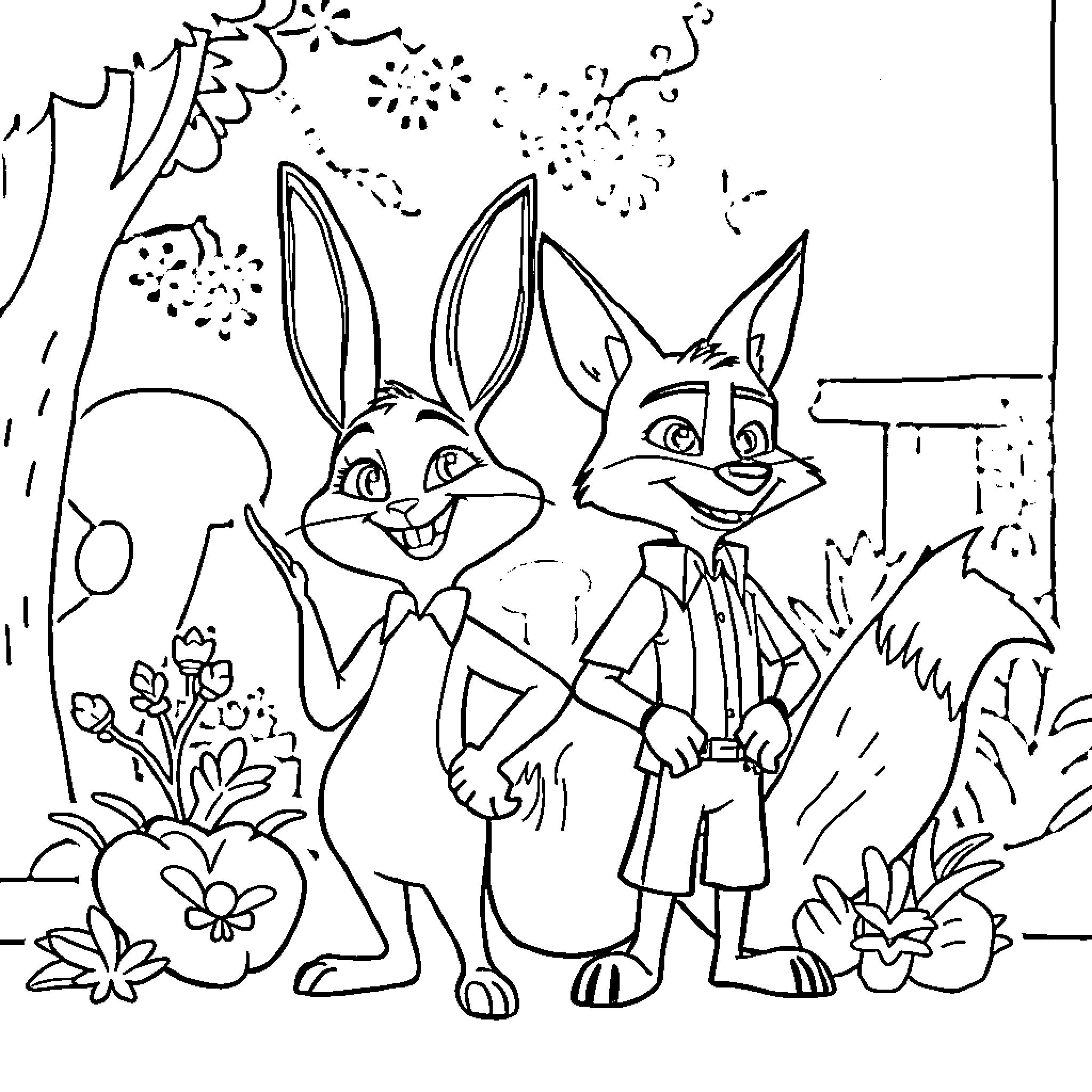 Zootopia: Rabbits in Festive Celebration Coloring Page (free black-and-white line drawing printable PDF for all, from beginners to advanced learners, including children, teens, adults, and seniors)