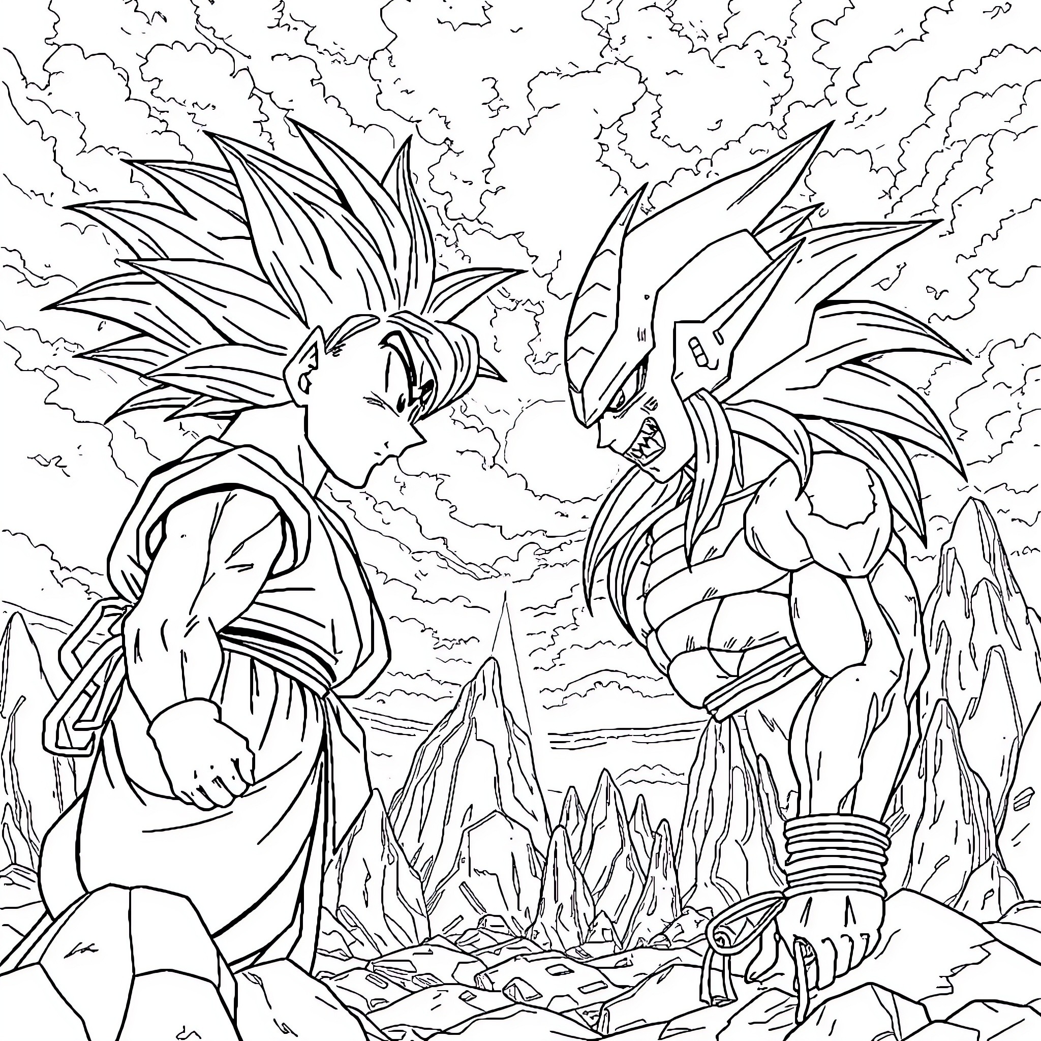 Goku and Vegeta's Intense Battle Coloring Page (free black-and-white line drawing printable PDF for all, from beginners to advanced learners, including children, teens, adults, and seniors)