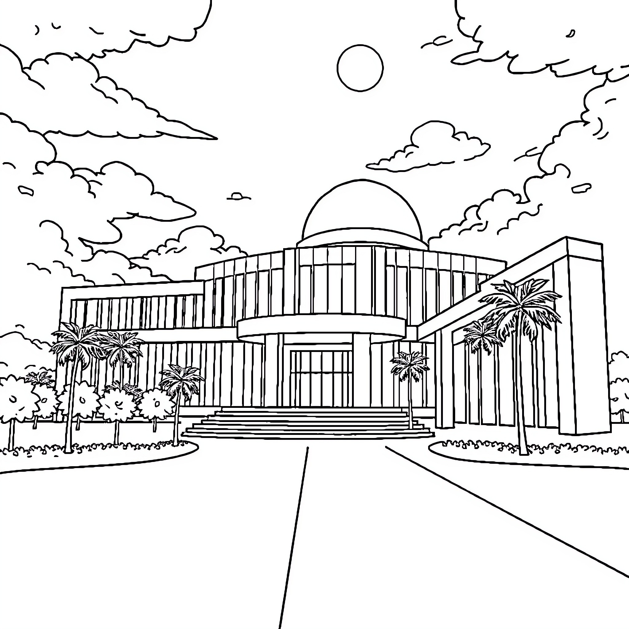 Company building with dome and palm trees Coloring Page (free black-and-white line drawing printable PDF for all, from beginners to advanced learners, including children, teens, adults, and seniors)