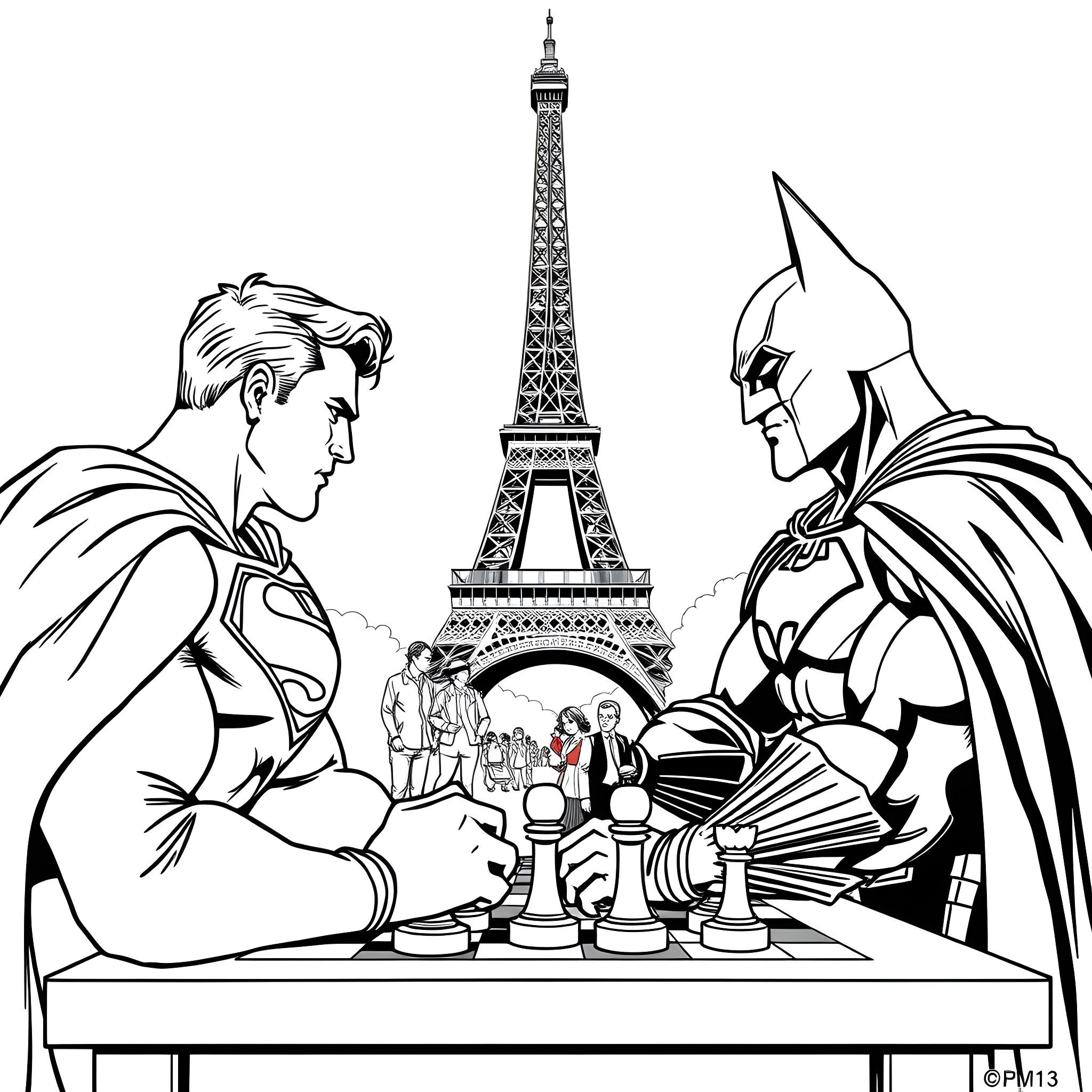 Superman and Batman playing chess in Paris Coloring Page (free black-and-white line drawing printable PDF for all, from beginners to advanced learners, including children, teens, adults, and seniors)