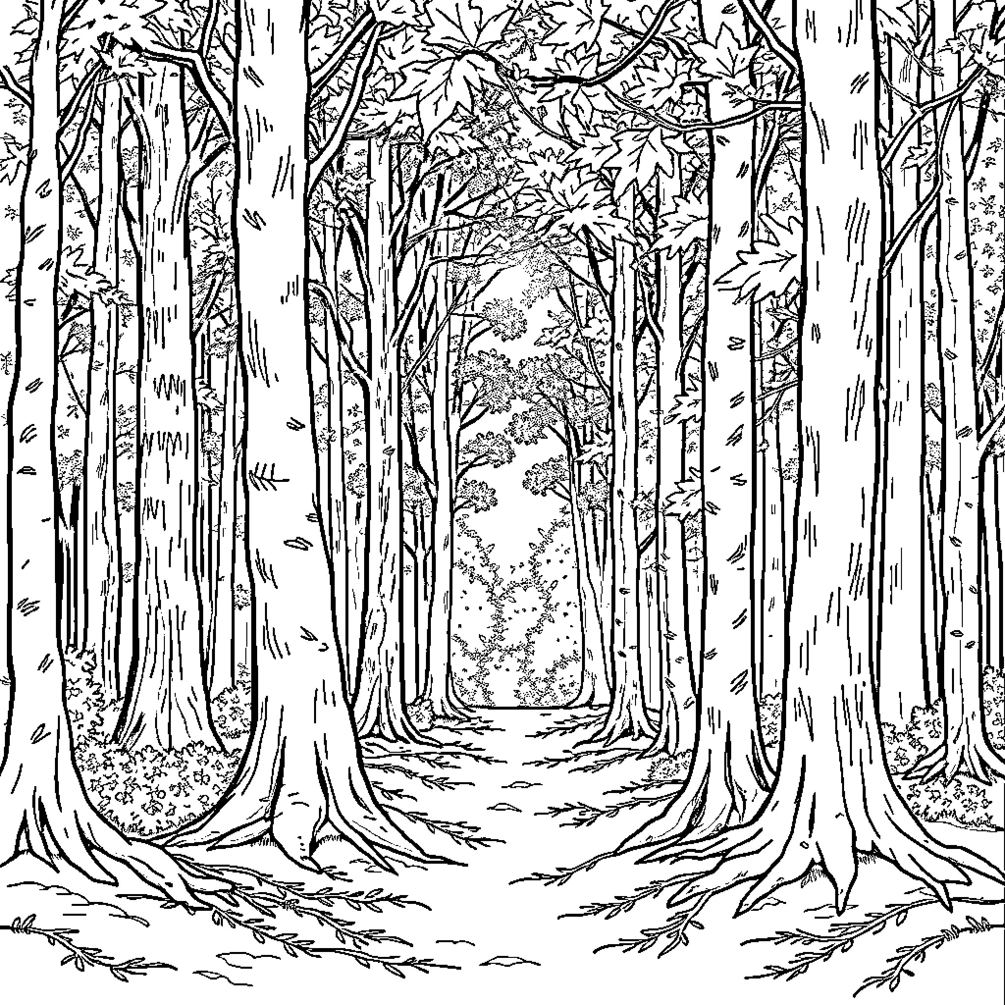 Forest Path through Towering Trees Coloring Page (free black-and-white line drawing printable PDF for all, from beginners to advanced learners, including children, teens, adults, and seniors)