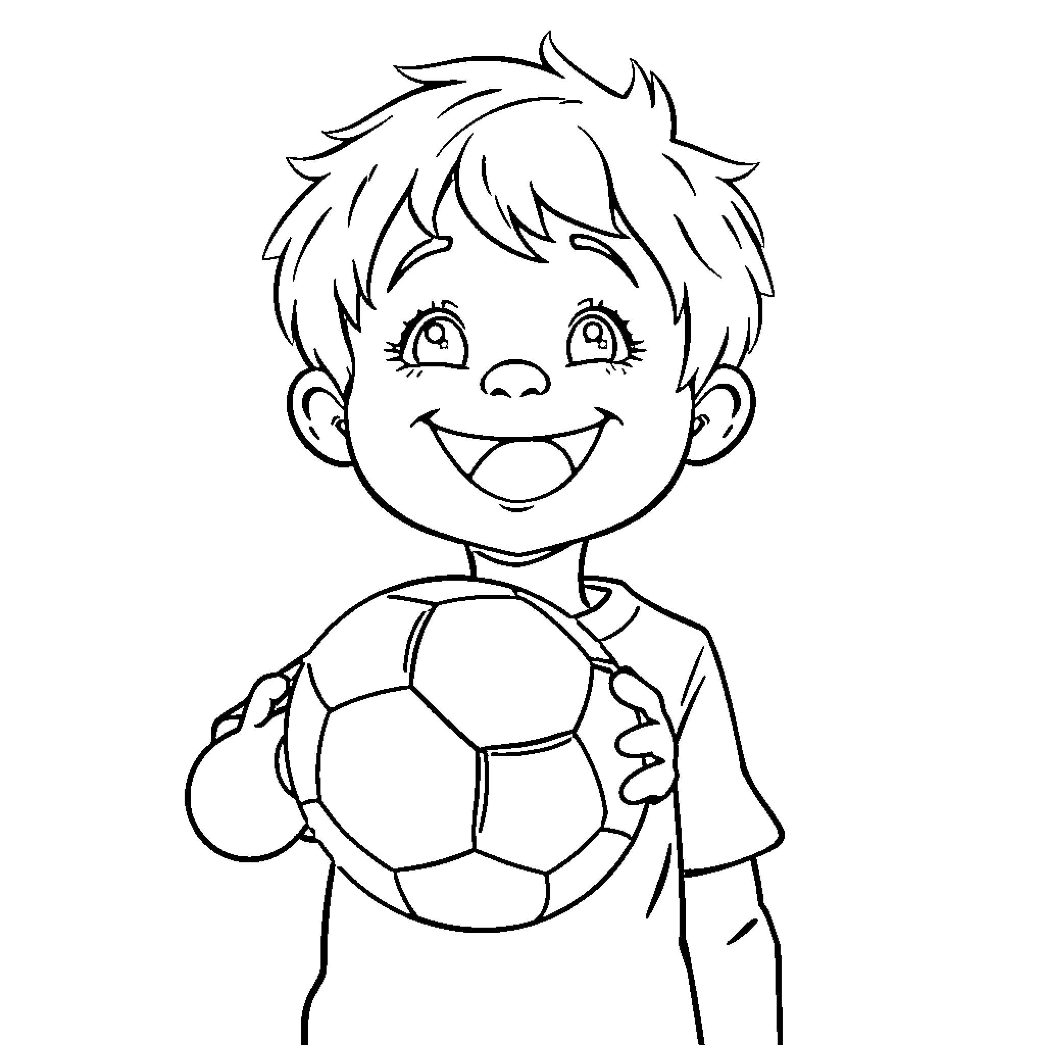 Child happily holding a soccer ball Coloring Page (free black-and-white line drawing printable PDF for all, from beginners to advanced learners, including children, teens, adults, and seniors)