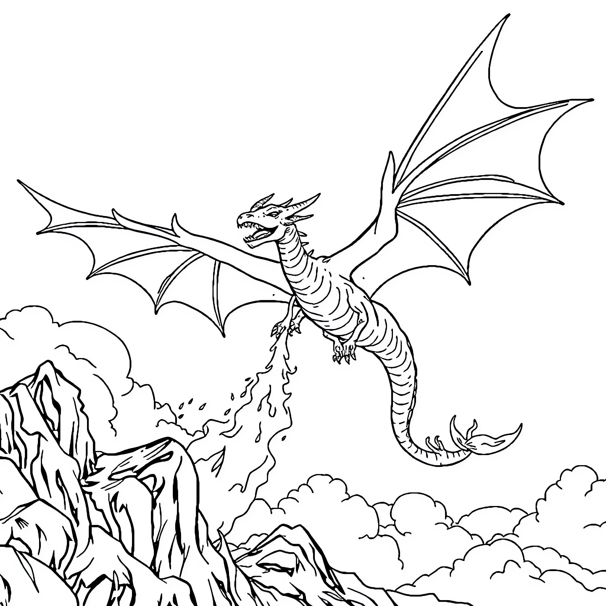 Dracaufeu soaring through the cloudy sky Coloring Page (free black-and-white line drawing printable PDF for all, from beginners to advanced learners, including children, teens, adults, and seniors)