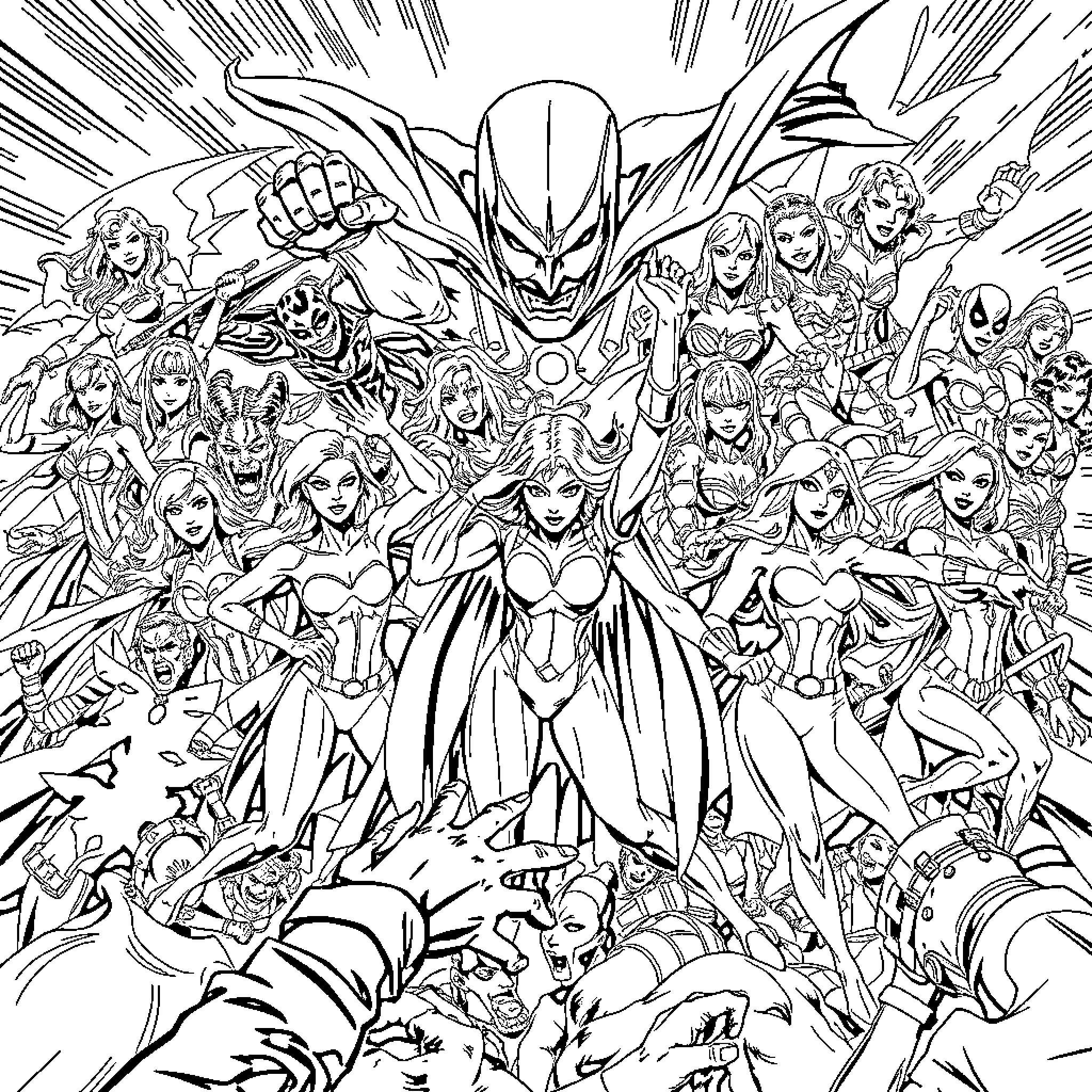 Female Superheroes in Epic Clash Coloring Page (free black-and-white line drawing printable PDF for all, from beginners to advanced learners, including children, teens, adults, and seniors)