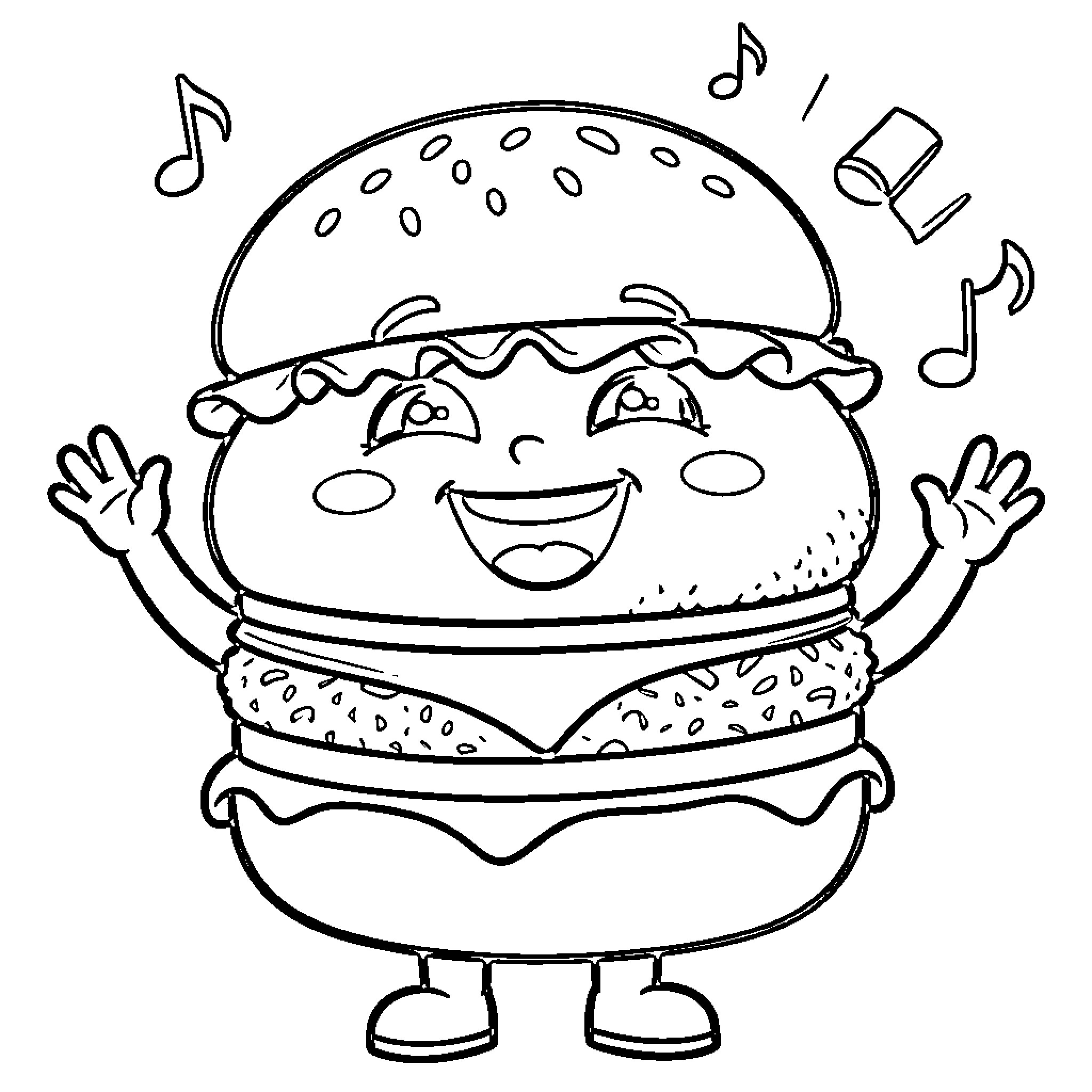 Burger dancing and enjoying music Coloring Page (free black-and-white line drawing printable PDF for all, from beginners to advanced learners, including children, teens, adults, and seniors)