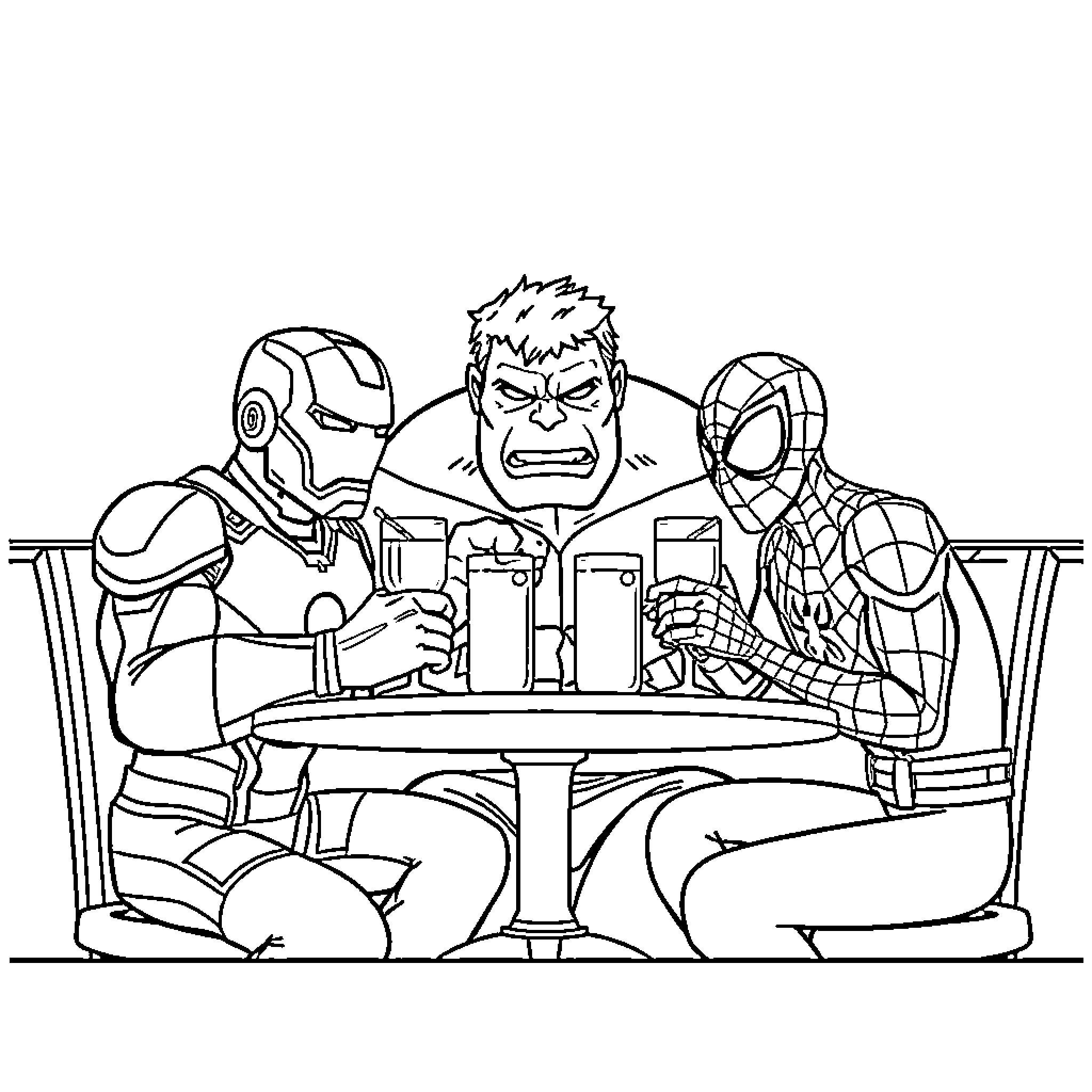 Superhero friends relaxing and enjoying drinks together Coloring Page (free black-and-white line drawing printable PDF for all, from beginners to advanced learners, including children, teens, adults, and seniors)