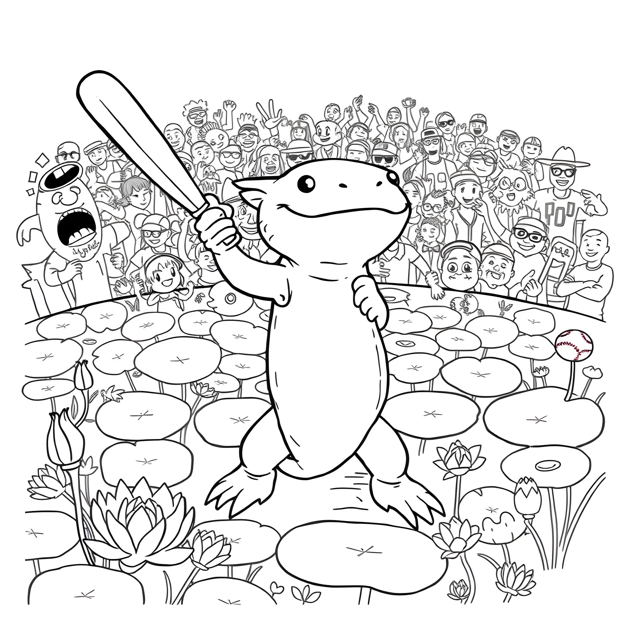 Axolotl surrounded by a crowd of diverse characters Coloring Page (free black-and-white line drawing printable PDF for all, from beginners to advanced learners, including children, teens, adults, and seniors)