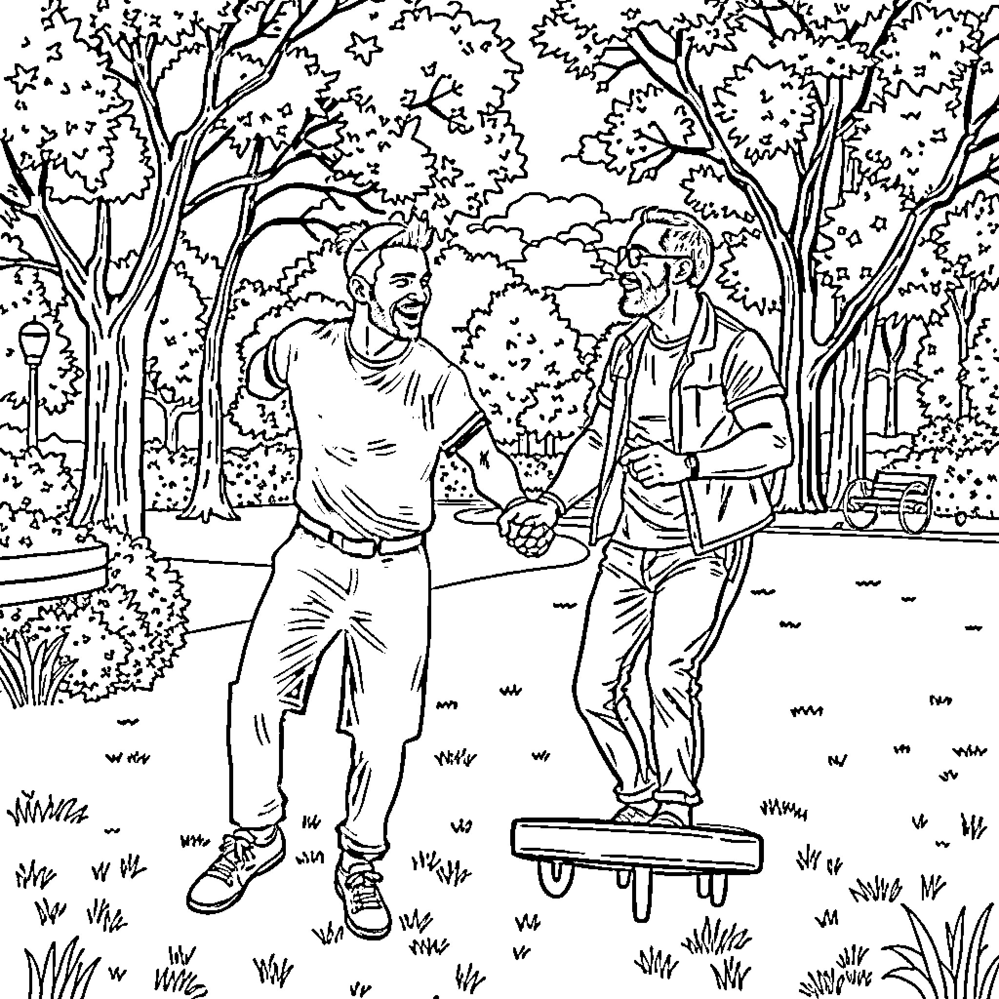 Cm Punk interacting with another person in a park setting Coloring Page (free black-and-white line drawing printable PDF for all, from beginners to advanced learners, including children, teens, adults, and seniors)