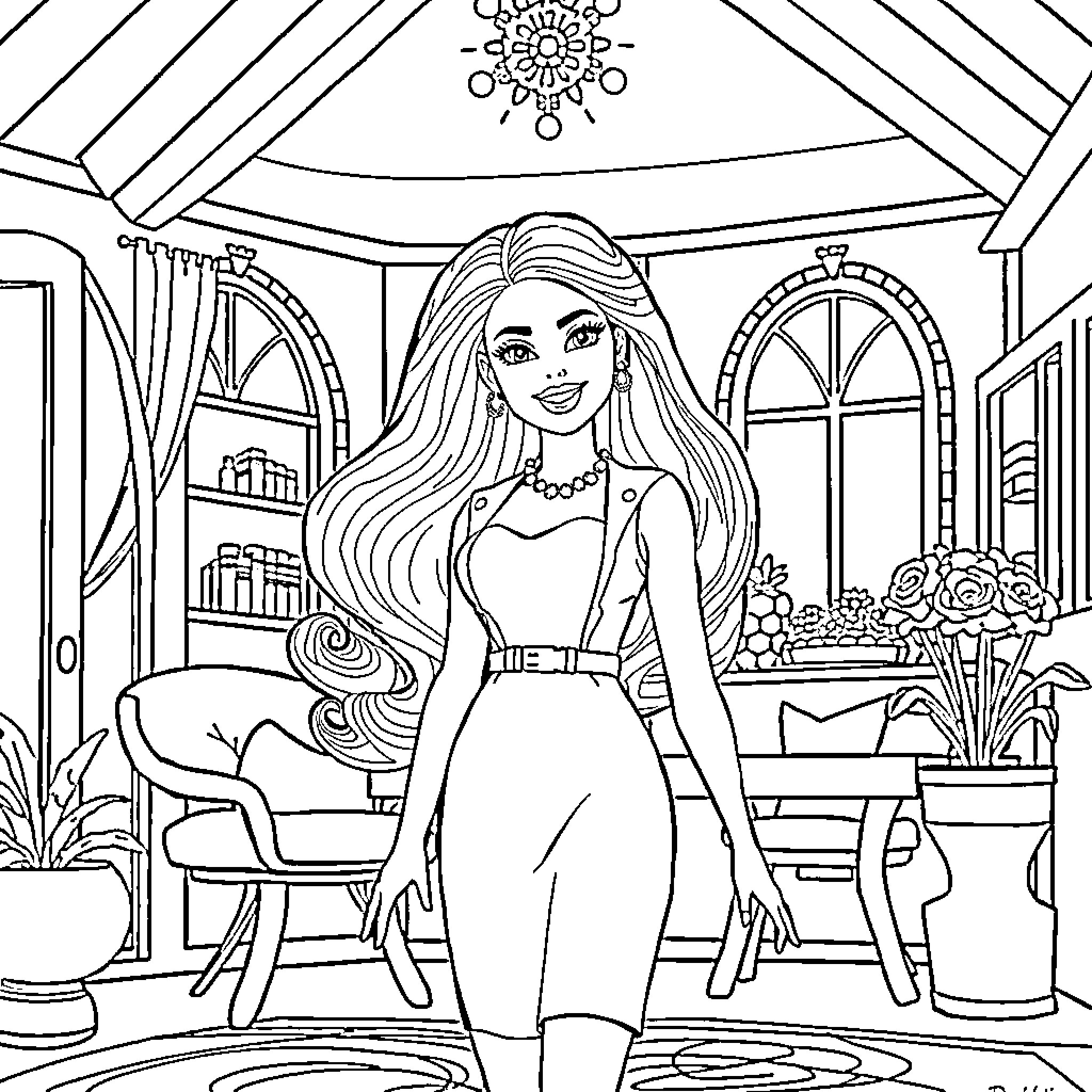 Barbie posing confidently in a luxurious home Coloring Page (free black-and-white line drawing printable PDF for all, from beginners to advanced learners, including children, teens, adults, and seniors)