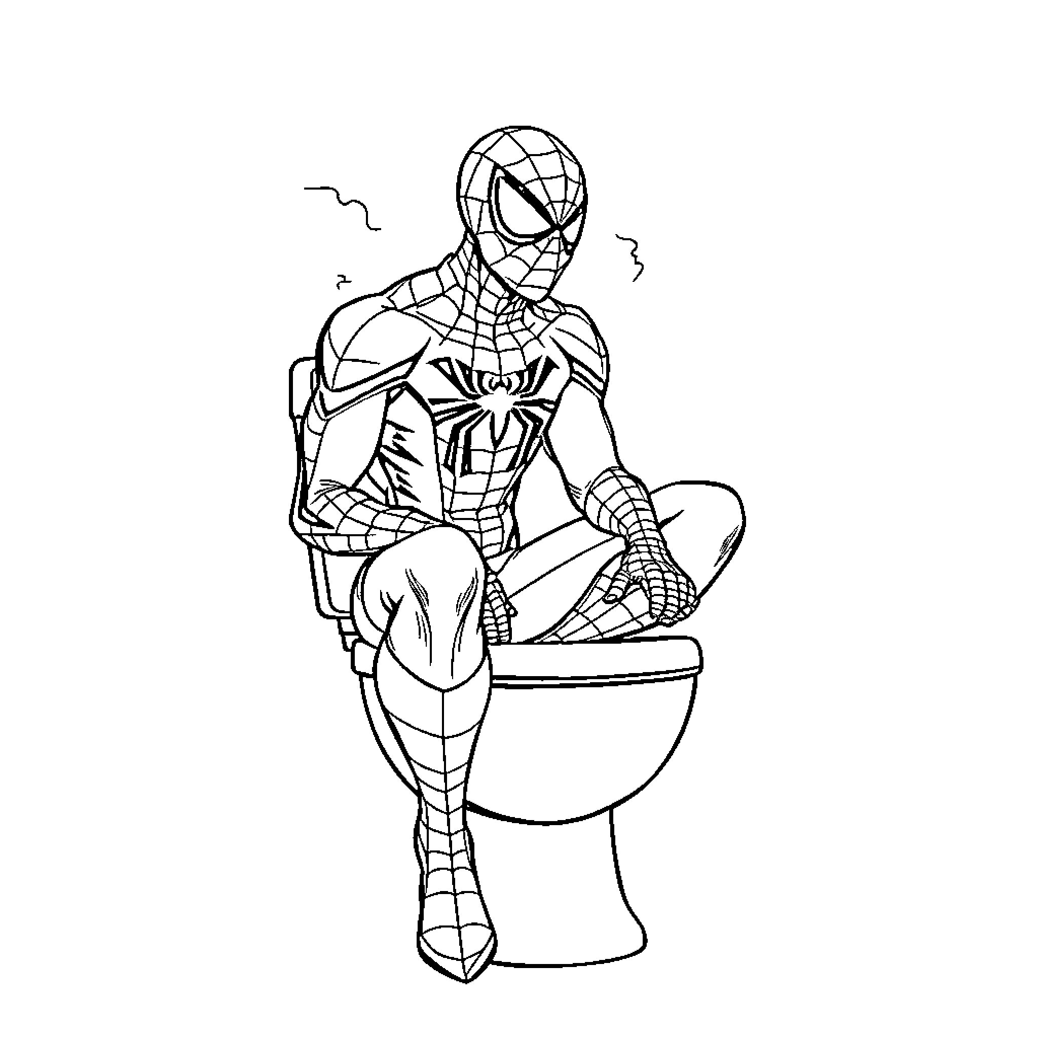 Spider-Man perched on a toilet Coloring Page (free black-and-white line drawing printable PDF for all, from beginners to advanced learners, including children, teens, adults, and seniors)