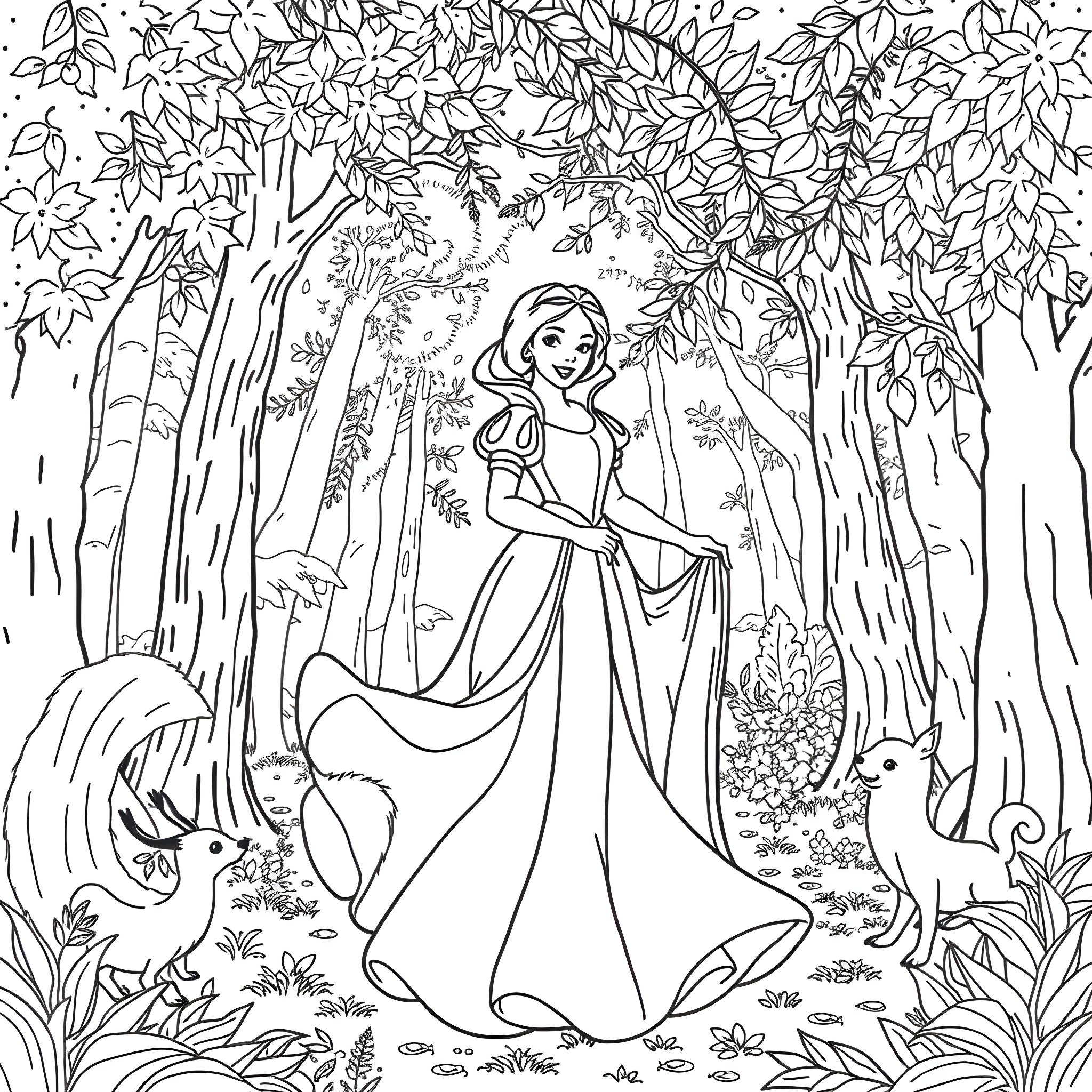 Snow White dancing in the enchanted forest Coloring Page (free black-and-white line drawing printable PDF for all, from beginners to advanced learners, including children, teens, adults, and seniors)