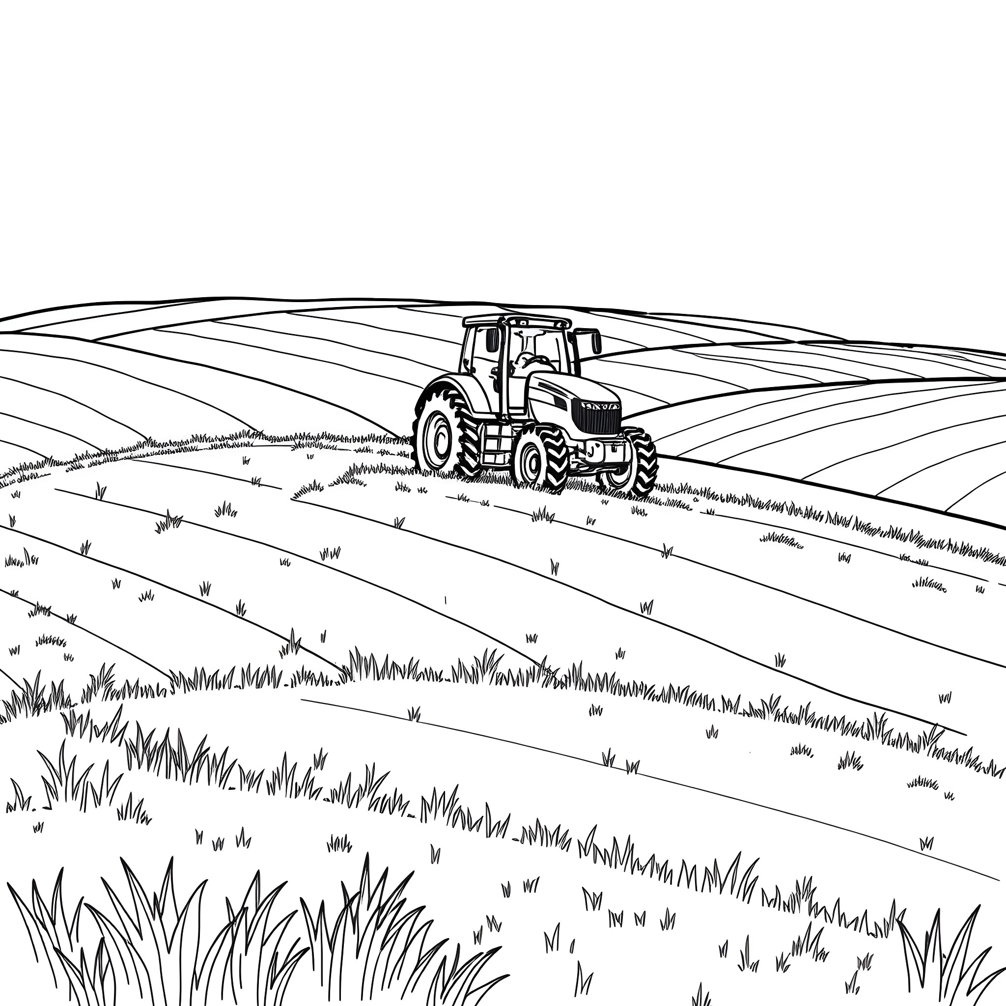 Tractor working on a rural farm field Coloring Page (free black-and-white line drawing printable PDF for all, from beginners to advanced learners, including children, teens, adults, and seniors)