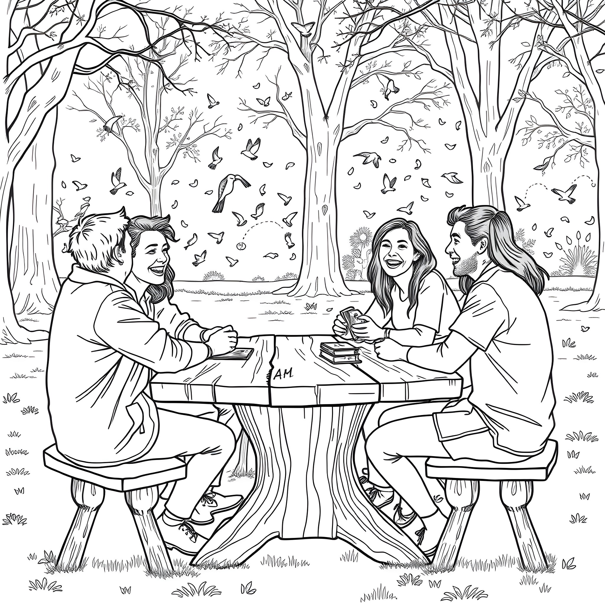 Person having a friendly conversation with friends outdoors Coloring Page (free black-and-white line drawing printable PDF for all, from beginners to advanced learners, including children, teens, adults, and seniors)