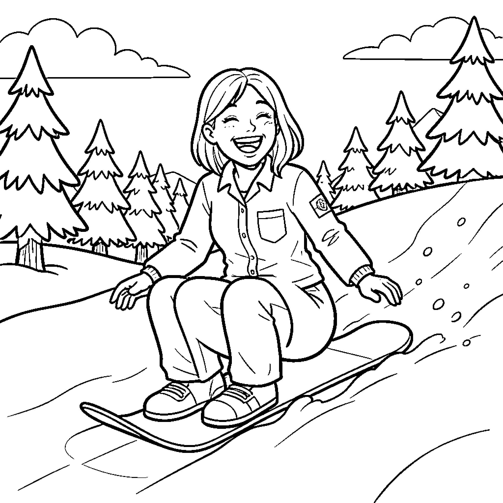 Psychologist enjoying outdoor adventure on a snowy slope Coloring Page (free black-and-white line drawing printable PDF for all, from beginners to advanced learners, including children, teens, adults, and seniors)