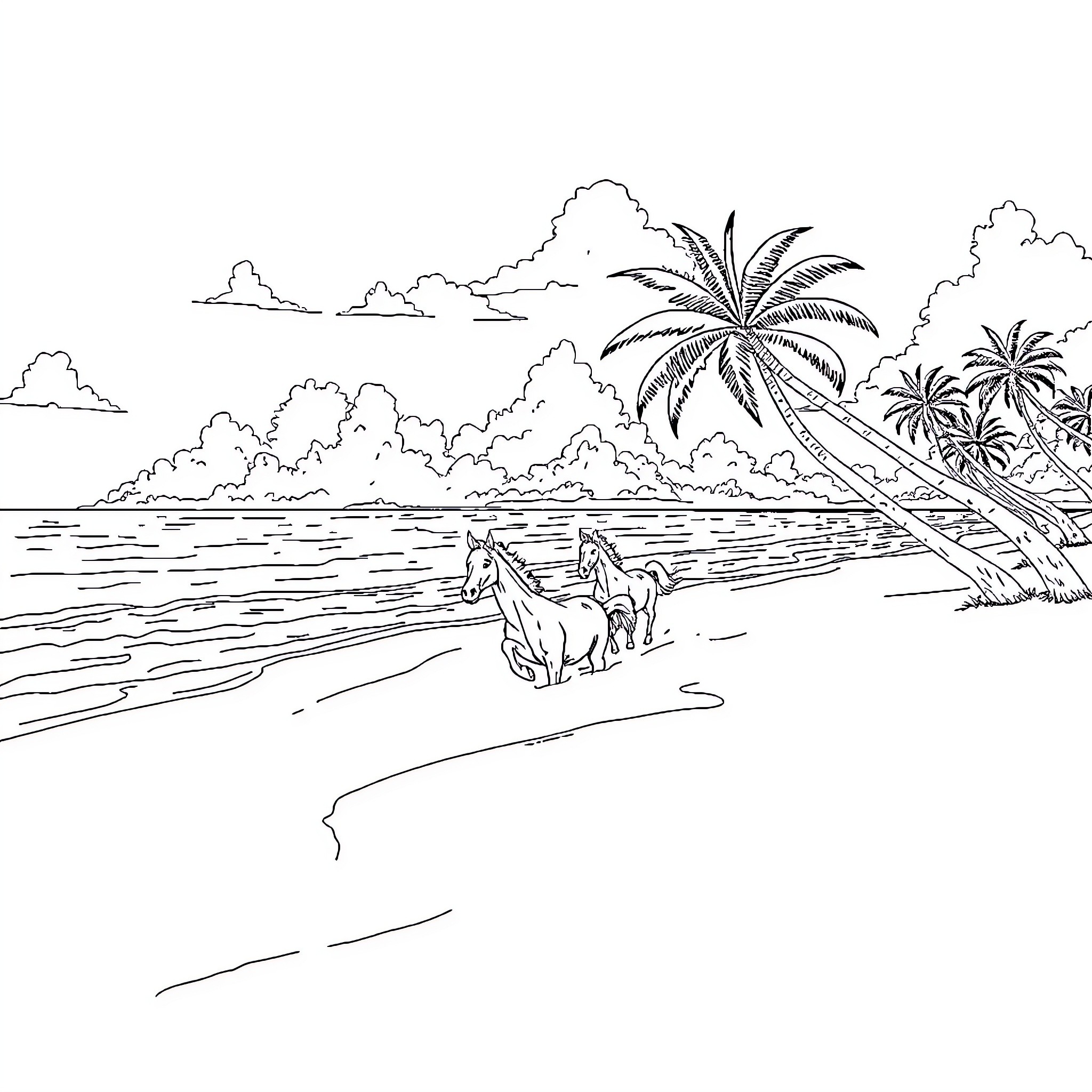 Horse resting on tropical beach under palm trees Coloring Page (free black-and-white line drawing printable PDF for all, from beginners to advanced learners, including children, teens, adults, and seniors)