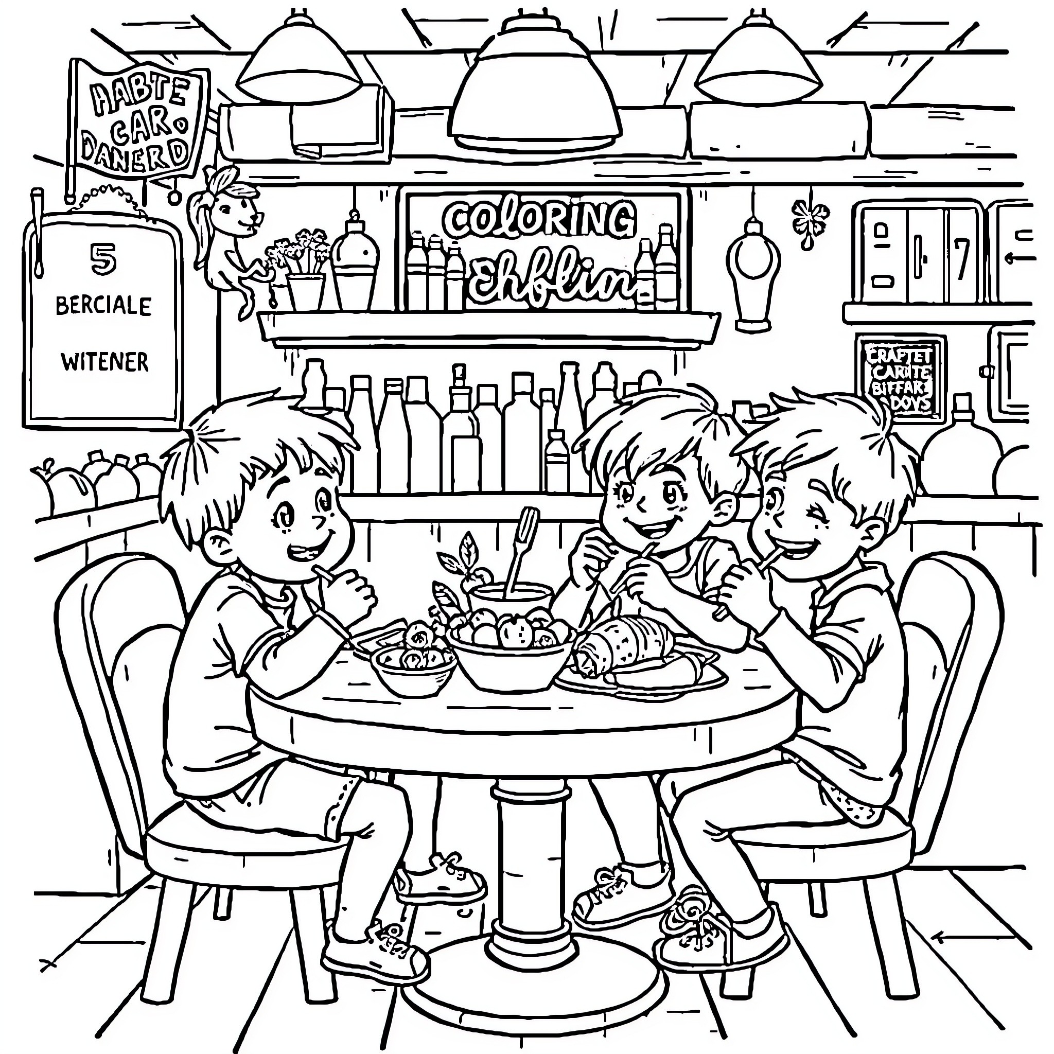 Kid Friends Enjoying Coloring Together Coloring Page (free black-and-white line drawing printable PDF for all, from beginners to advanced learners, including children, teens, adults, and seniors)