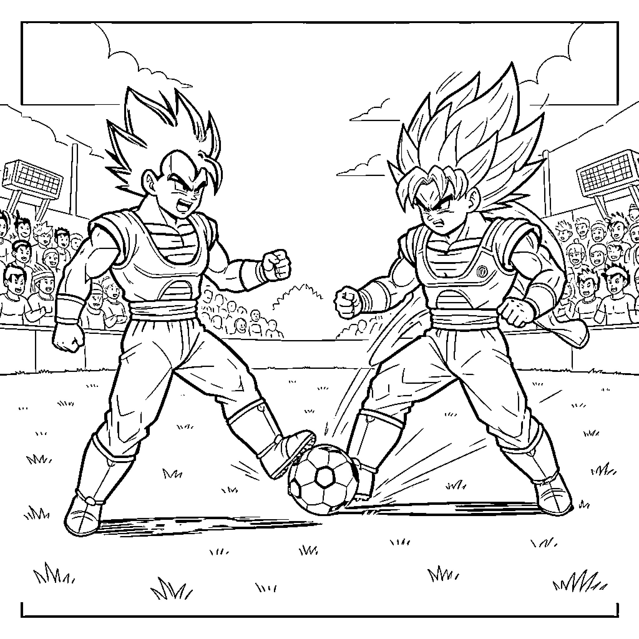 Sangoku and Vegeta competing intensely in a soccer match Coloring Page (free black-and-white line drawing printable PDF for all, from beginners to advanced learners, including children, teens, adults, and seniors)