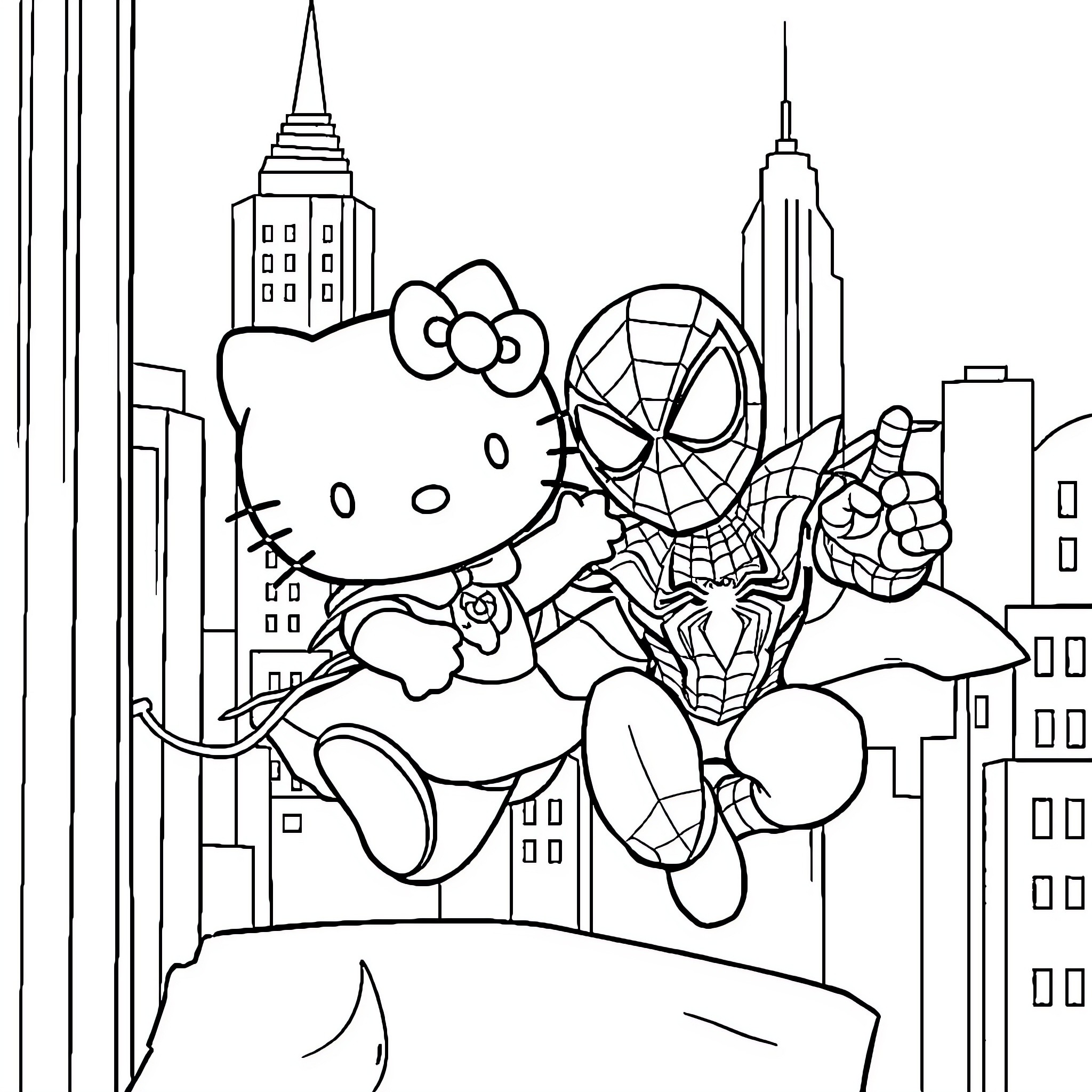 Hello Kitty and Spiderman exploring the city skyline Coloring Page (free black-and-white line drawing printable PDF for all, from beginners to advanced learners, including children, teens, adults, and seniors)